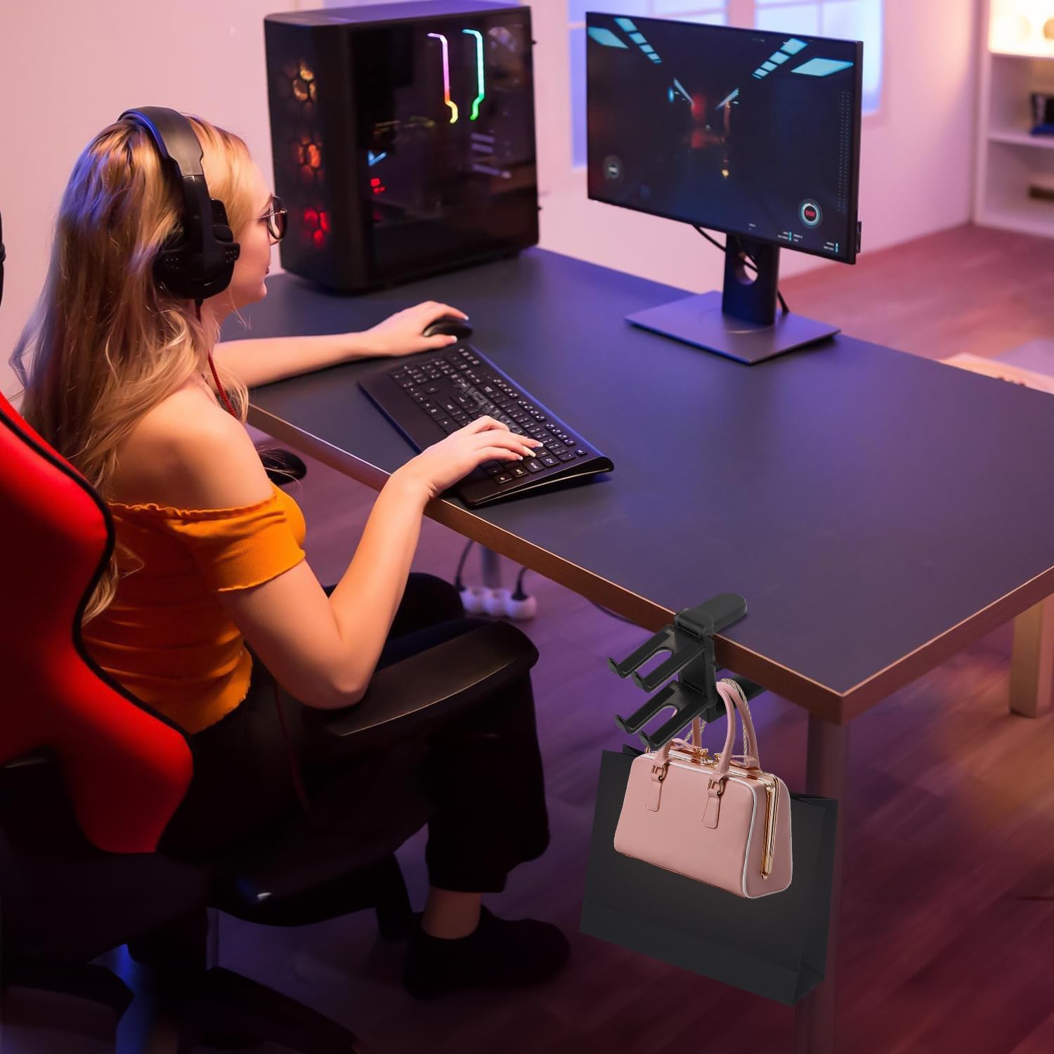 Universal 3-in-1 Under Desk Gaming Headset Stand & Controller Holder - Adjustable Swivel Arm Clamp for PC, PS5, Xbox Accessories (Black) | Perfect for Organized Gaming Setup & Space-Saving Workstation