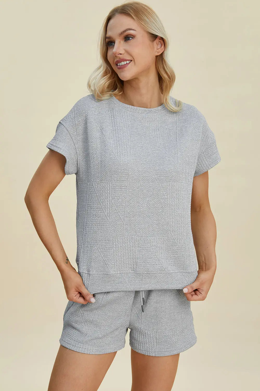 Double Take Full Size Textured Short Sleeve Top & Shorts Set - Women's Casual Summer Outfit for Beach, Yoga & Lounge Wear