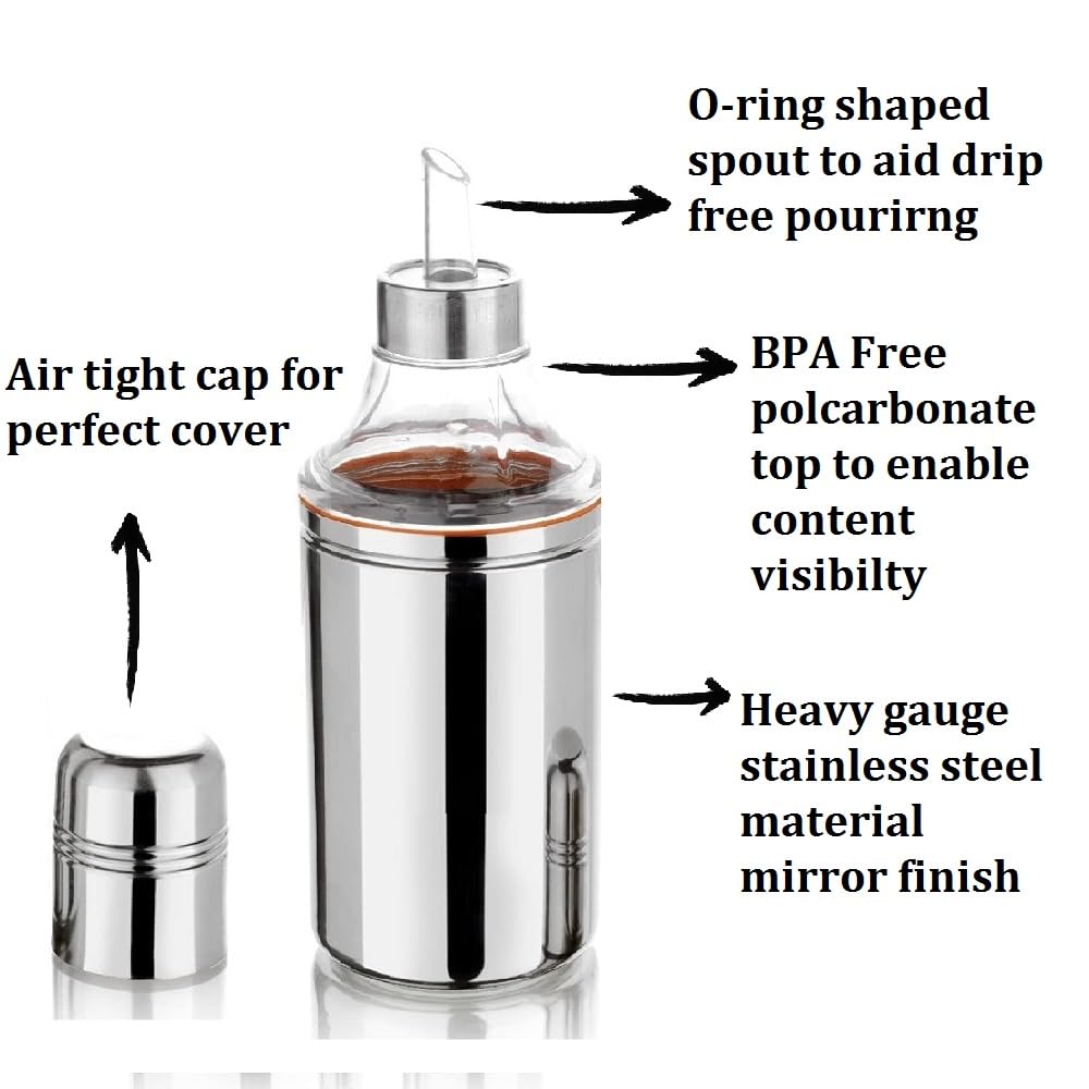 REVV UP 250ml Stainless Steel Oil Dispenser with Leak-Proof Nozzle - Drip-Free Spout for Kitchen, Salad Dressing & Cooking Oil - Pack of 2 Oil Containers & Pourers