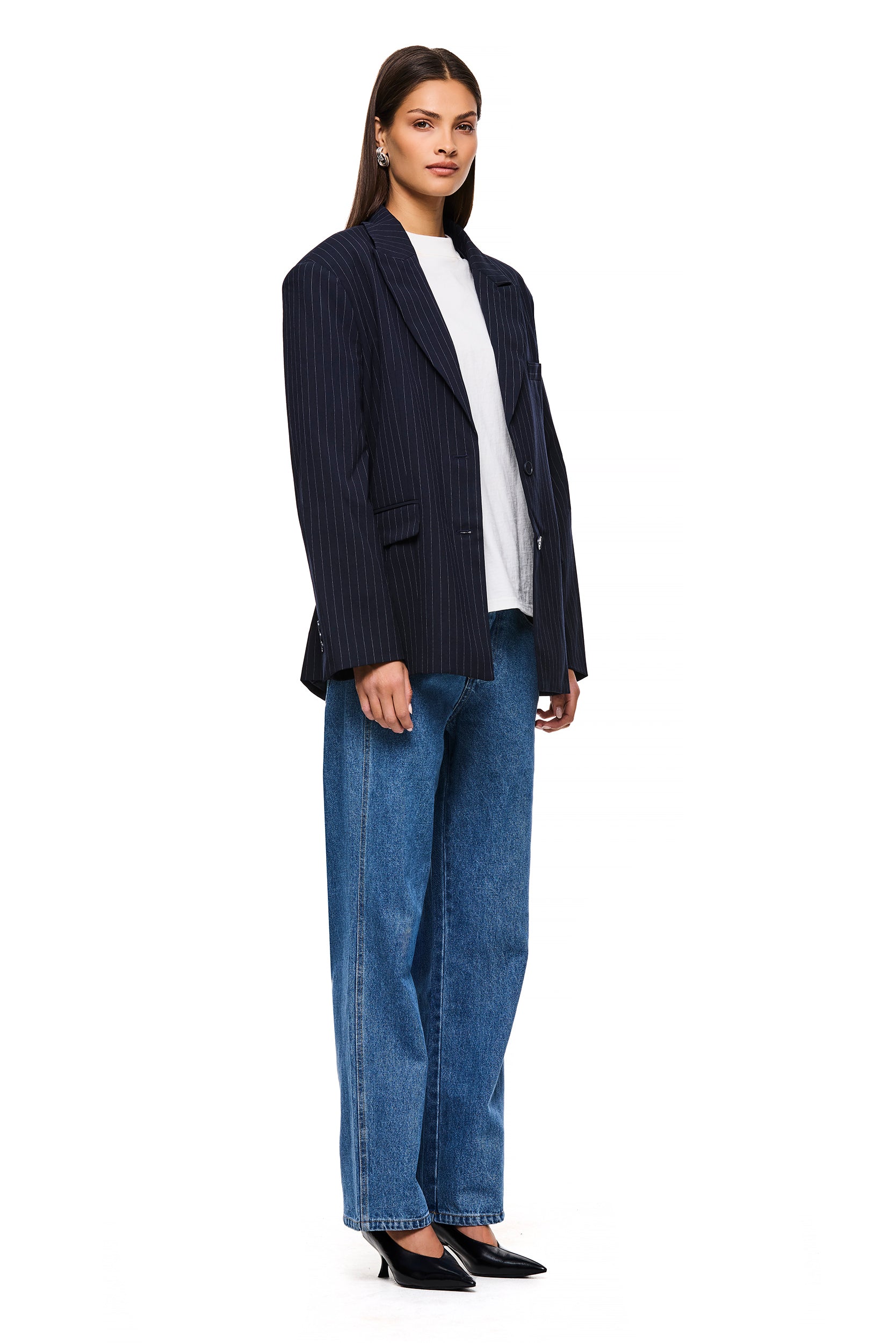 The Isla Navy Pinstripe Blazer for Women - Elegant Slim Fit Business Jacket - Perfect for Office, Meetings & Formal Events