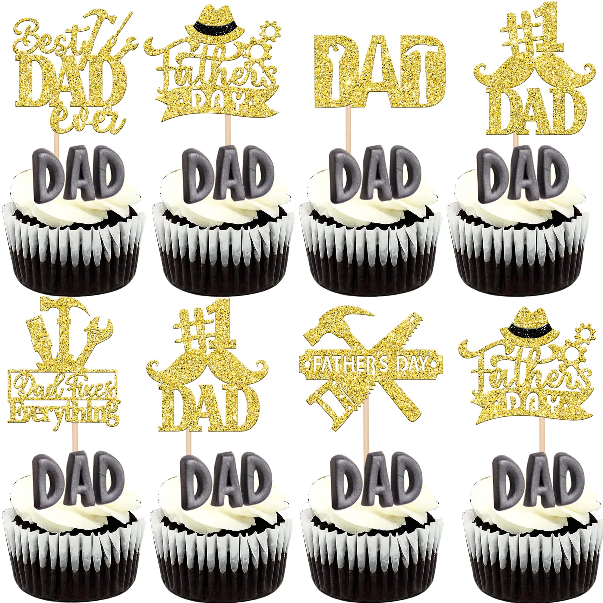 24 Pack Happy Father's Day Cupcake Toppers - Glitter Best Dad Ever Cake Decorations with #1 Dad, Tie, Mustache & Hat Designs - Gold Party Supplies for Father's Day Celebrations, Men's Birthday Parties & DIY Cake Decorating