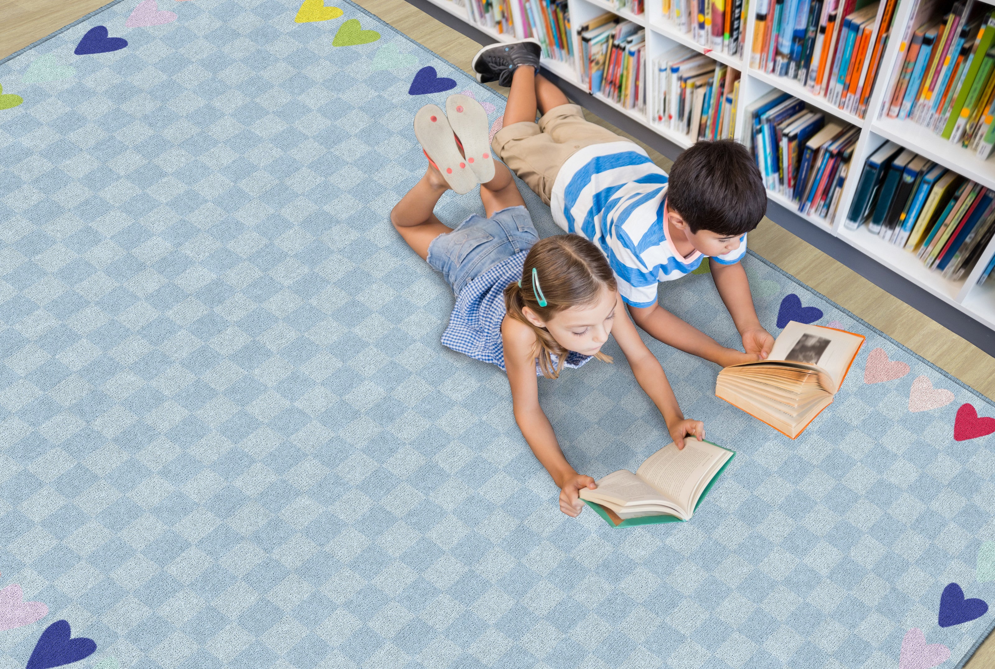 Blue with Rainbow Hearts Border Rug - Soft Playroom & Classroom Mat for Kids - Perfect for Nursery, Daycare, and Home Decor