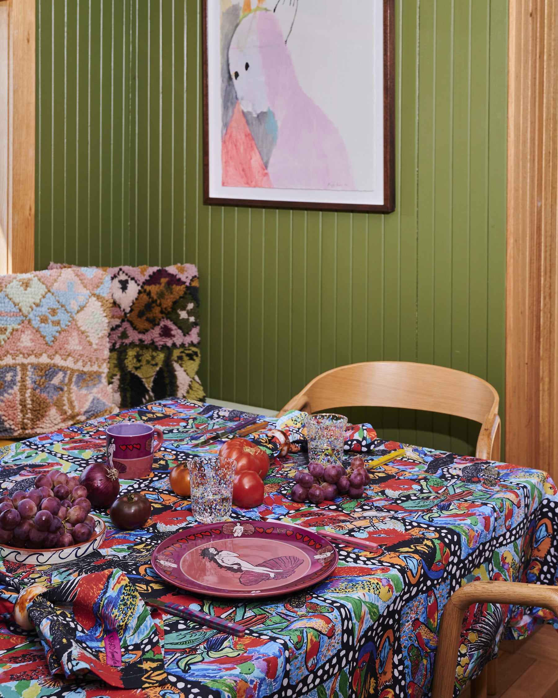 Kip&Co x Jenny Kee Parrots & Cockatoos Linen Tablecloth - Stylish & Durable Australian Design for Dining, Picnics & Home Decor