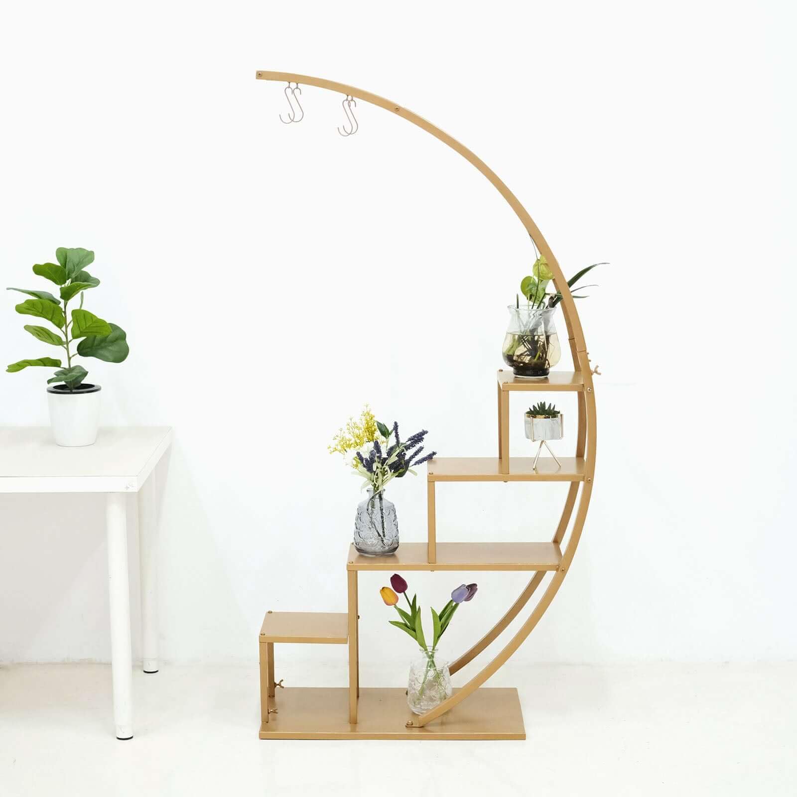Efavormart 4.5ft Gold Metal 4-Tier Half Moon Plant Shelf with Hanging Hooks - Cupcake Dessert Display Stand for Home Decor, Wedding, Party & Retail Store Display