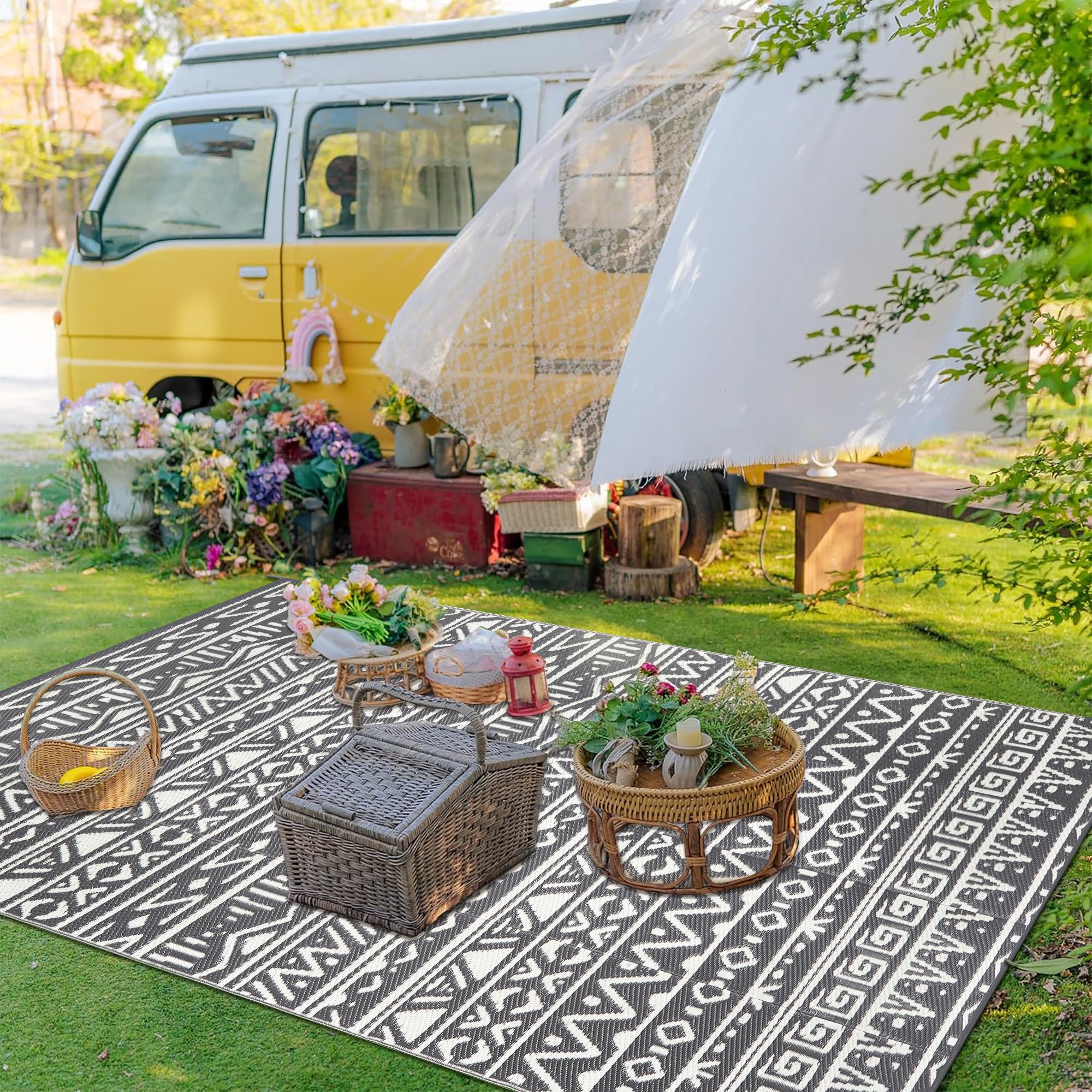 Boho Waterproof Reversible Plastic Straw Rug - 9x12 Outdoor/Indoor Geometric Carpet for Patio, Deck, Balcony, Camping & RV - Gray Washable Large Area Mat | Perfect for Beach, Porch & Outdoor Gatherings