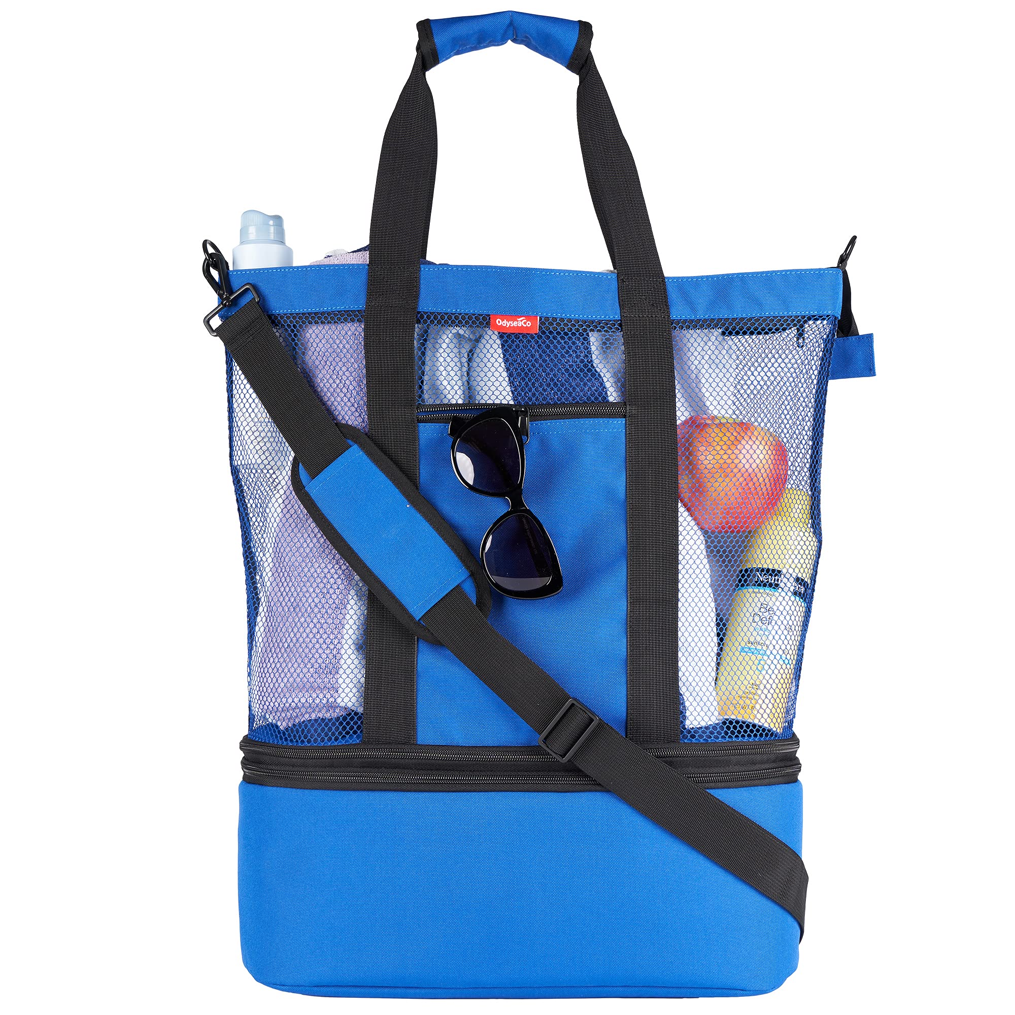 OdyseaCo Large Mesh Beach Tote Bag with Insulated Cooler Compartment - High Capacity Zippered Waterproof Summer Bag for Pool, Picnic & Travel