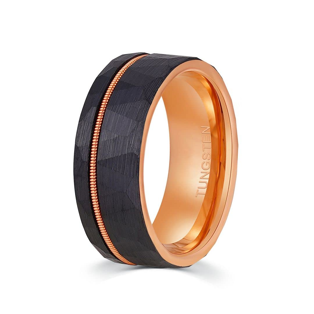 Black Tungsten Men's Wedding Ring - 8mm Hammered Brushed Guitar String Design, Comfort Fit Band for Guitarists & Musicians - Perfect for Weddings, Engagements & Anniversary Gifts