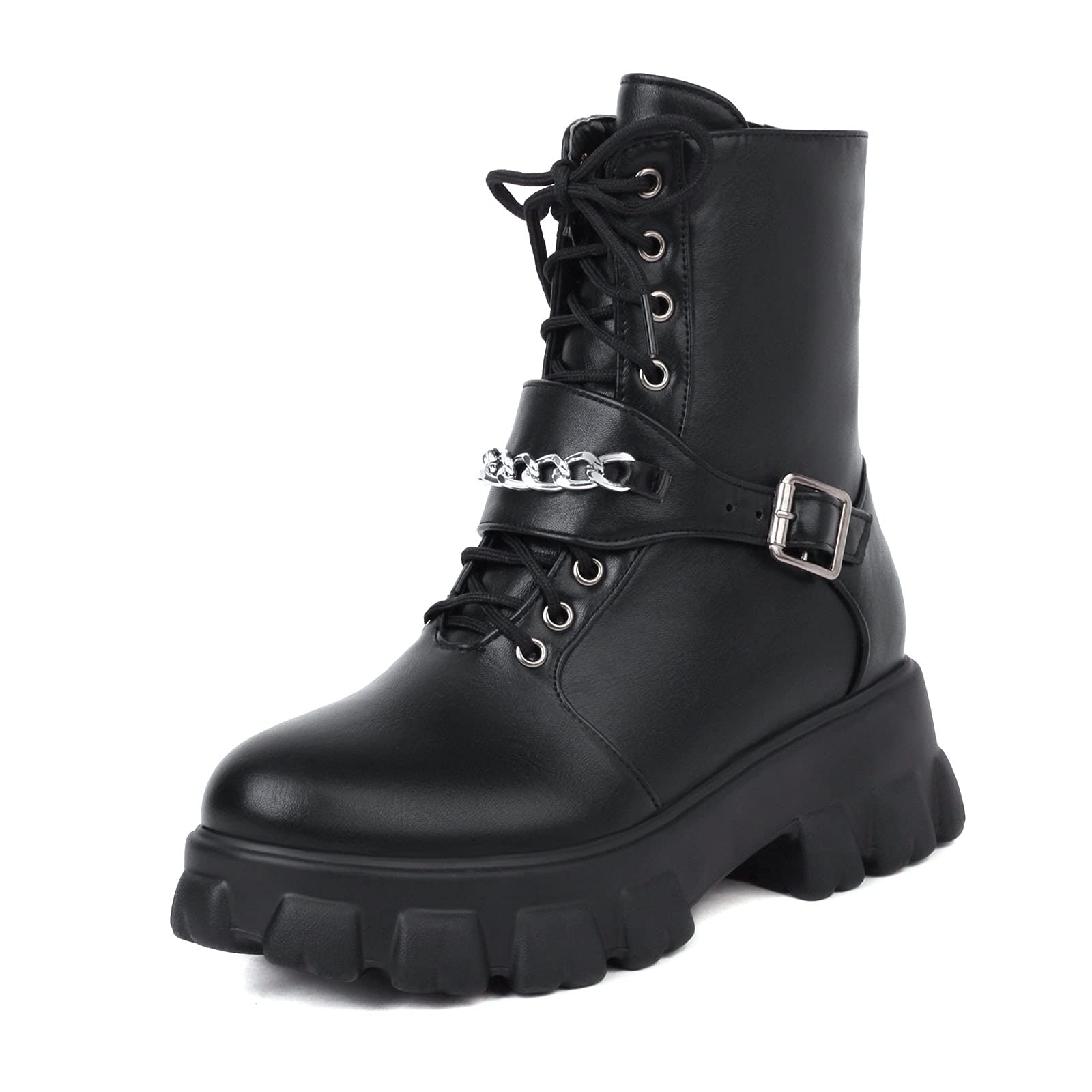 Women's Punk Goth Ankle Boots - Femflame Black Platform Combat Boots with Zipper & Buckle Straps | Outdoor Motorcycle Boots for Riding, Concerts & Street Fashion