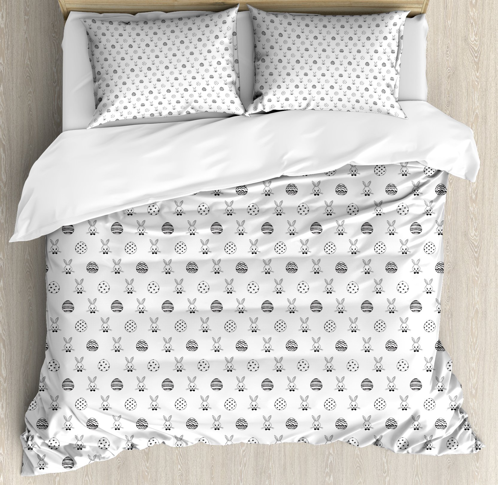 Ambesonne Easter Duvet Cover Set - Queen Size Black & White Hand-Drawn Rabbit with Bowtie & Egg Pattern | 3-Piece Bedding Set with 2 Pillow Shams | Perfect for Spring Decor, Holiday Bedroom Makeover & Easter Gift