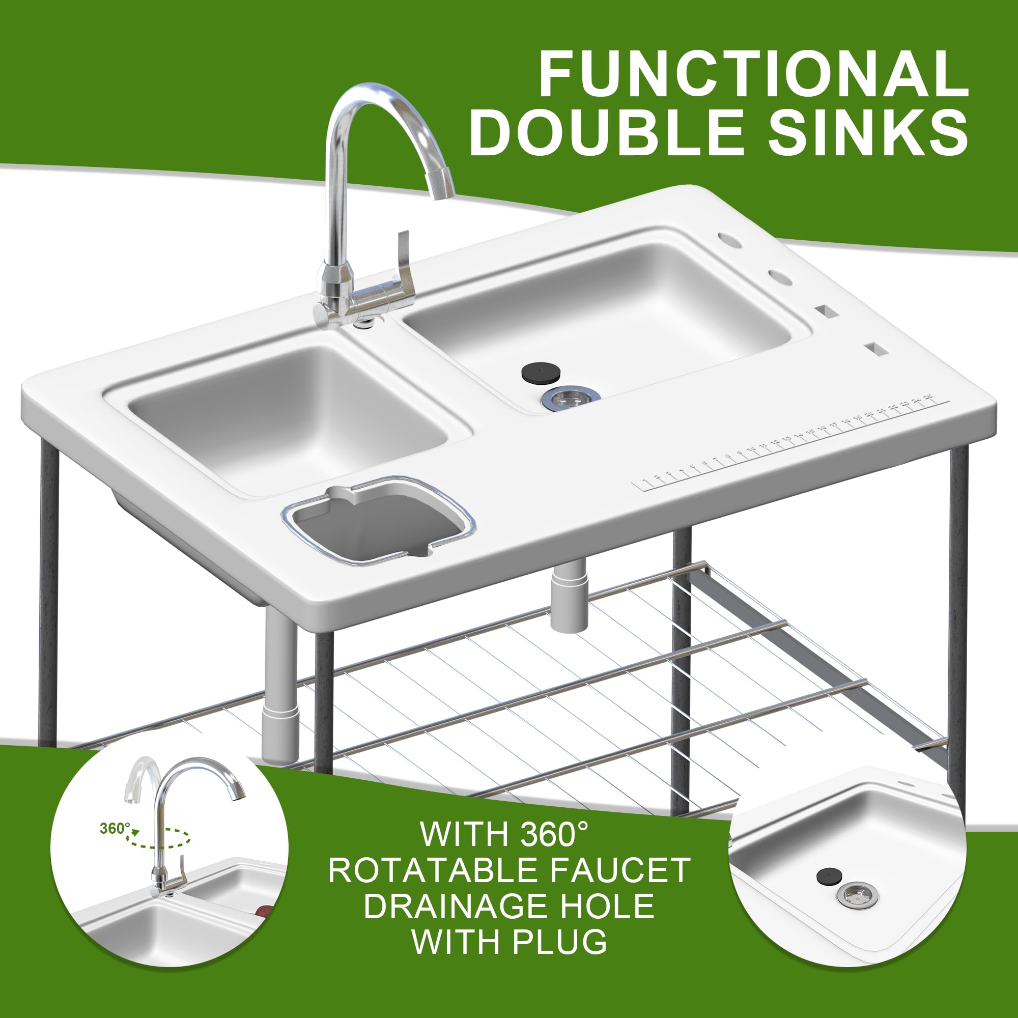 THUNDERBAY 40'' Heavy Duty Portable Folding Fish Cleaning Table with Double Sink & Faucet - Camping, Fishing, Outdoor Game Processing Station