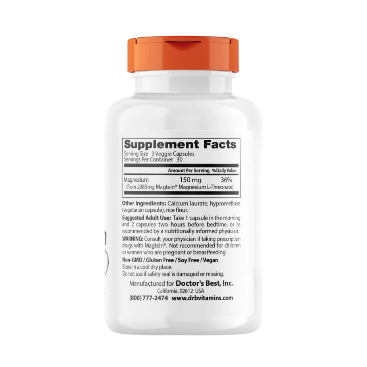 Doctor's Best Brain Magnesium with Magtein 50mg - 90 Veggie Capsules for Memory, Focus & Cognitive Support - Ideal for Students, Professionals & Seniors