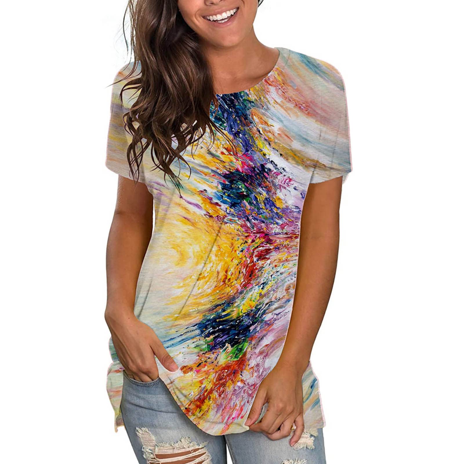 Maqroz Women's Vintage Floral Print Boho Short Sleeve Blouse - Loose Fit Casual Summer Tops with Oil Painting Design for Beach, Travel & Everyday Wear
