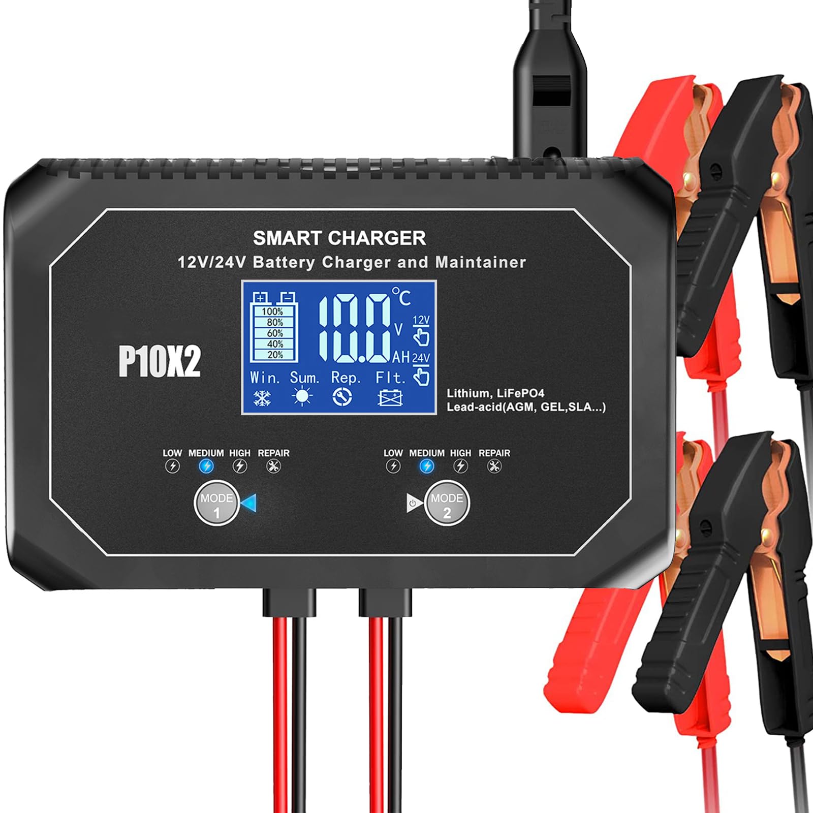 2-Bank 20A(10A/Bank) 12V/24V Smart Car Battery Charger & Maintainer - Automatic Charger for Lead-Acid, Lithium, LiFePO4 Batteries - Ideal for Cars, Motorcycles, Marine, Boats & RV Maintenance