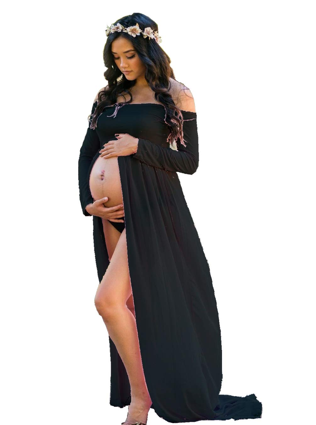 ZIUMUDY Maternity Maxi Chiffon Photography Dress - Elegant Split Front Gown for Maternity Photoshoot, Baby Shower & Pregnancy Announcement - Perfect for Outdoor, Studio & Special Occasions