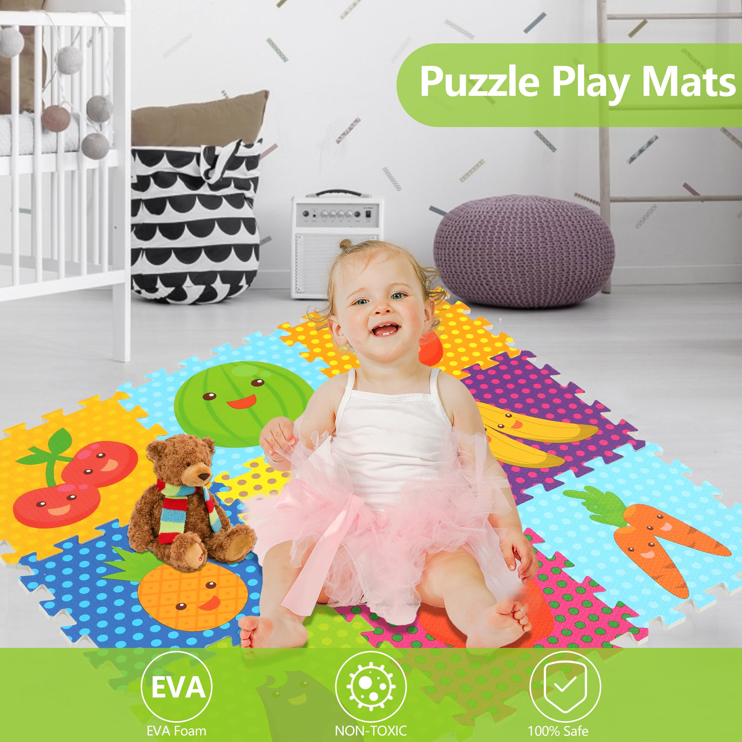 Non-Toxic Baby Play Mat - 34x34 Inch Foam Puzzle Floor Tiles with Fruit Design (9-Piece Set) for Toddler Safe Crawling & Learning - Perfect for Nursery, Playroom & Daycare