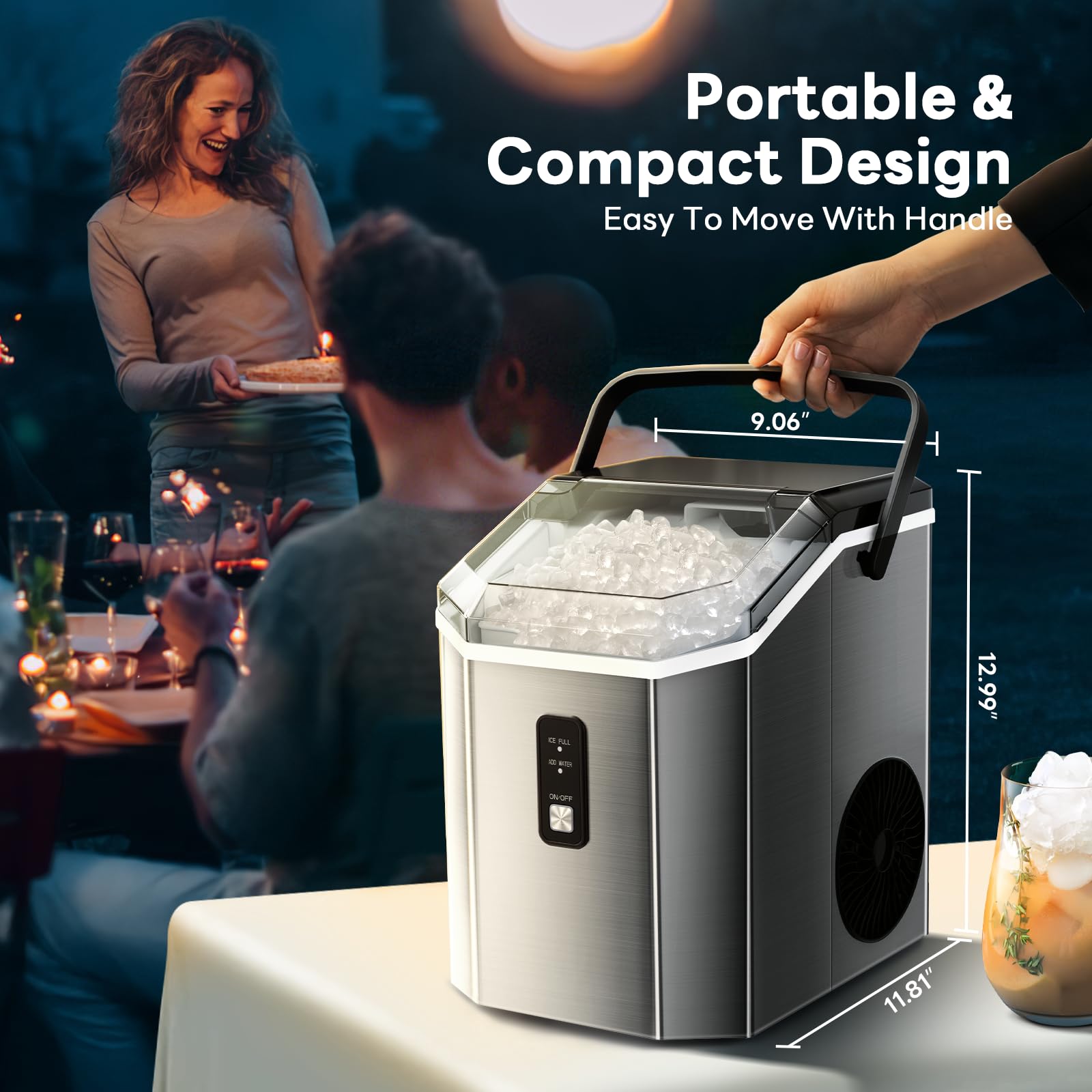 Portable Stainless Steel Nugget Ice Maker Countertop - 35Lbs/24H Self-Cleaning with Ice Basket & Scoop | Perfect for Home, Office, Bar, Restaurants & Parties