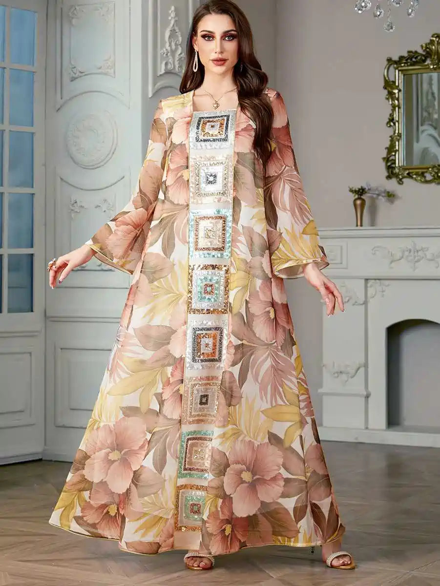 Elegant Eid Sequins Printed Caftan Kaftan Dress for Women - Party Wear, Evening Gown, Special Occasion Outfit #254185