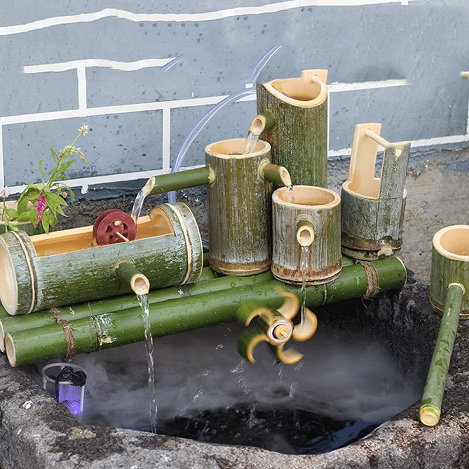 Bamboo Fountain & Bird Bath Water Feature with Pump - Garden Water Circulation System for Outdoor Decor & Relaxation | Perfect for Patio, Yard, and Zen Garden Landscaping