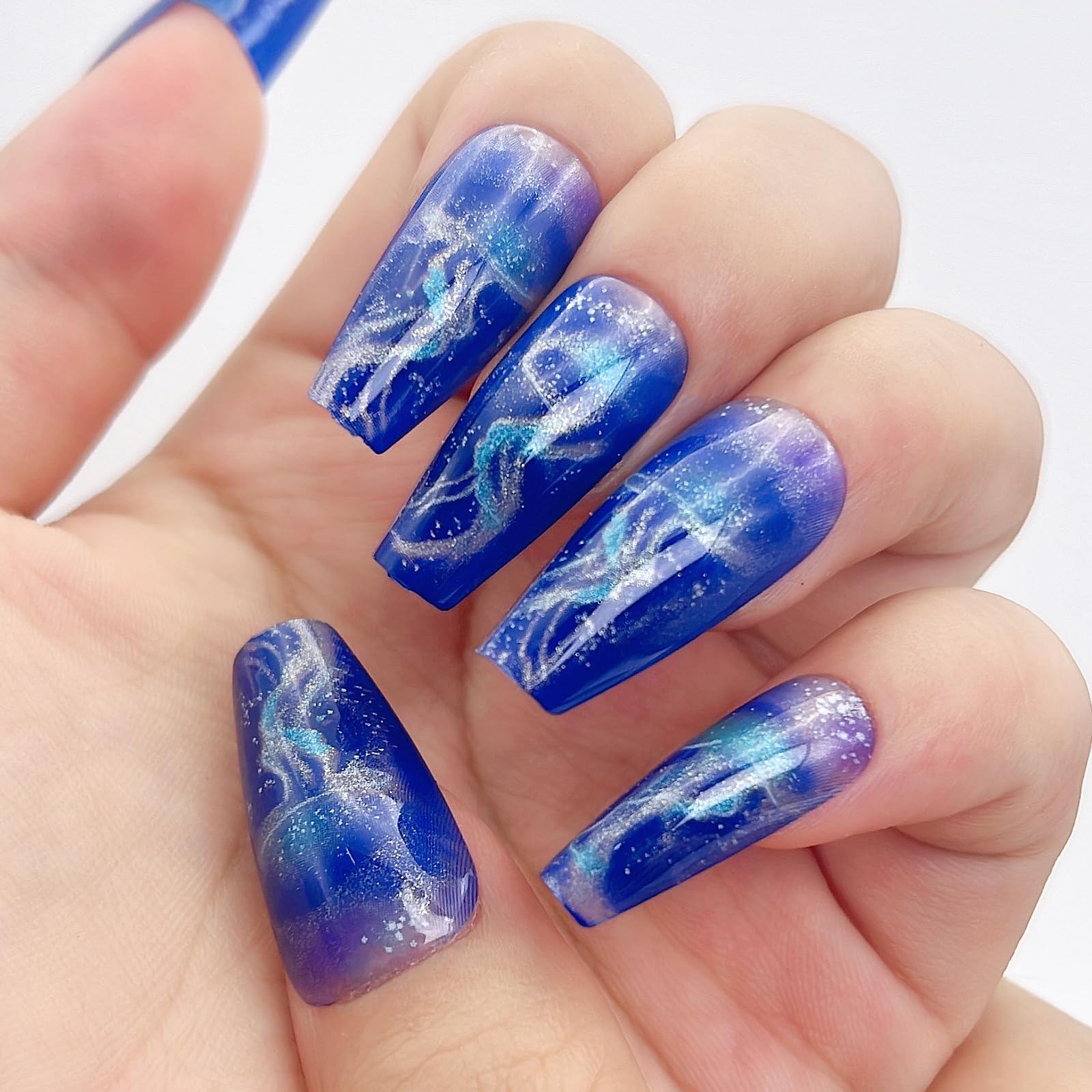 Glow in The Dark Press On Nails - Medium Length Blue Jellyfish Design Gel Fake Nails with 12 Sizes (24 Pcs) | Perfect for Parties, Halloween, Raves & Night Events