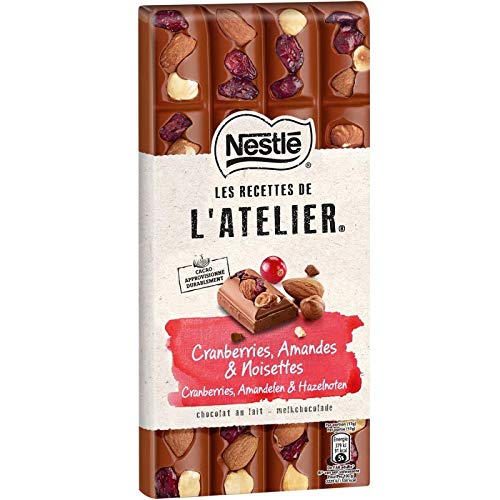 Nestle Les Recettes de l'Atelier Milk Chocolate with Cranberries, Hazelnuts & Almonds 170g (Pack of 3) - Premium Swiss Chocolate Bars for Gifts, Desserts & Snacking