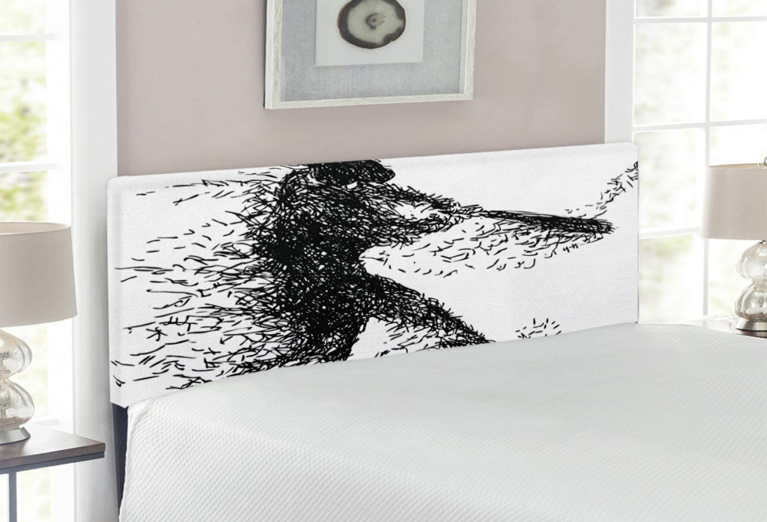 Ambesonne Black and White Upholstered Headboard - Abstract Baseball Player Design with Memory Foam - Full Size Bed Headboard in Charcoal Grey & White - Perfect for Sports Themed Bedrooms & Modern Home Decor
