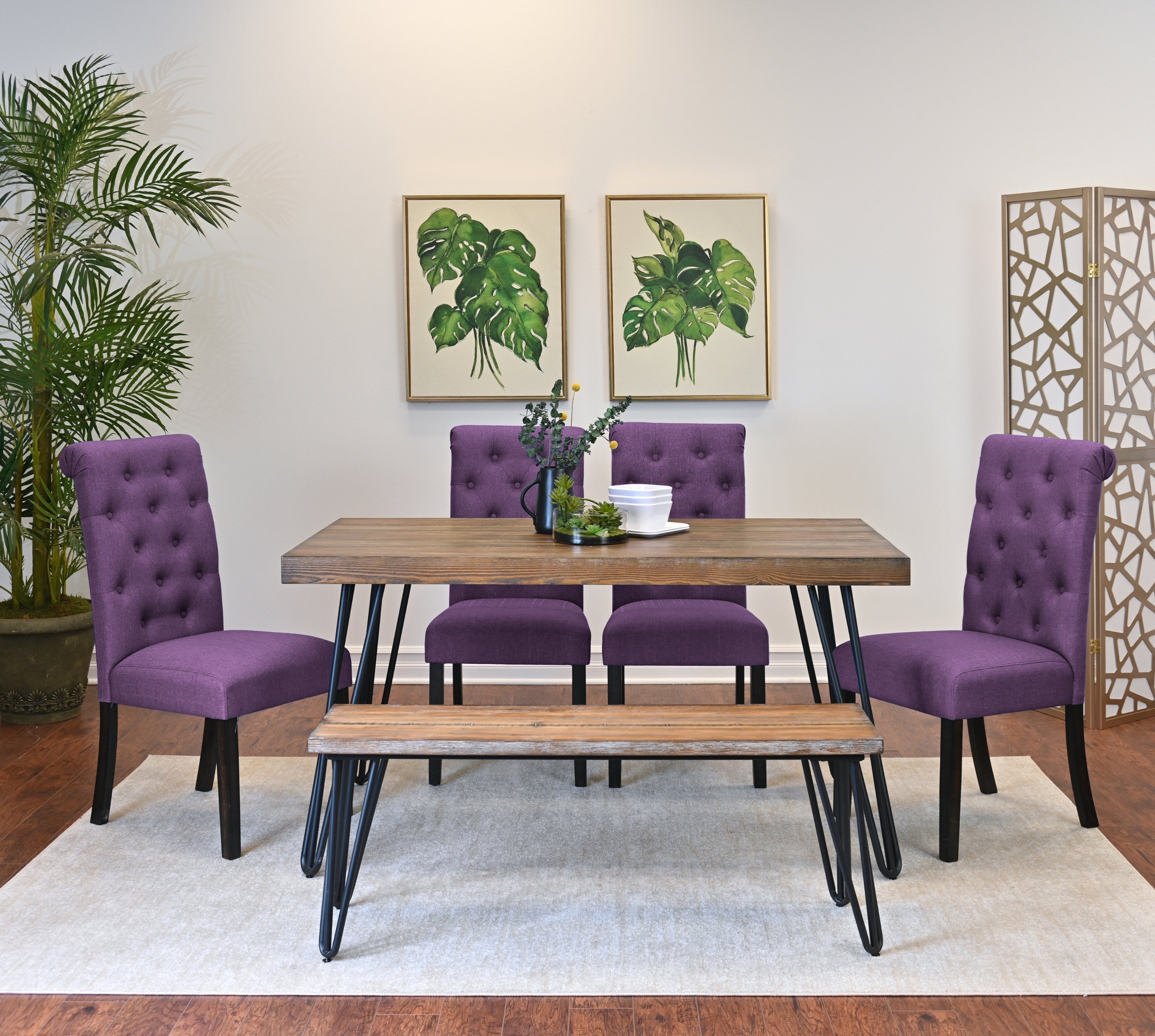 Roundhill Furniture Ashford 6-Piece Dining Set - Hairpin Leg Dining Table with 4 Chairs & Bench - Modern Kitchen & Dining Room Furniture for Small Spaces