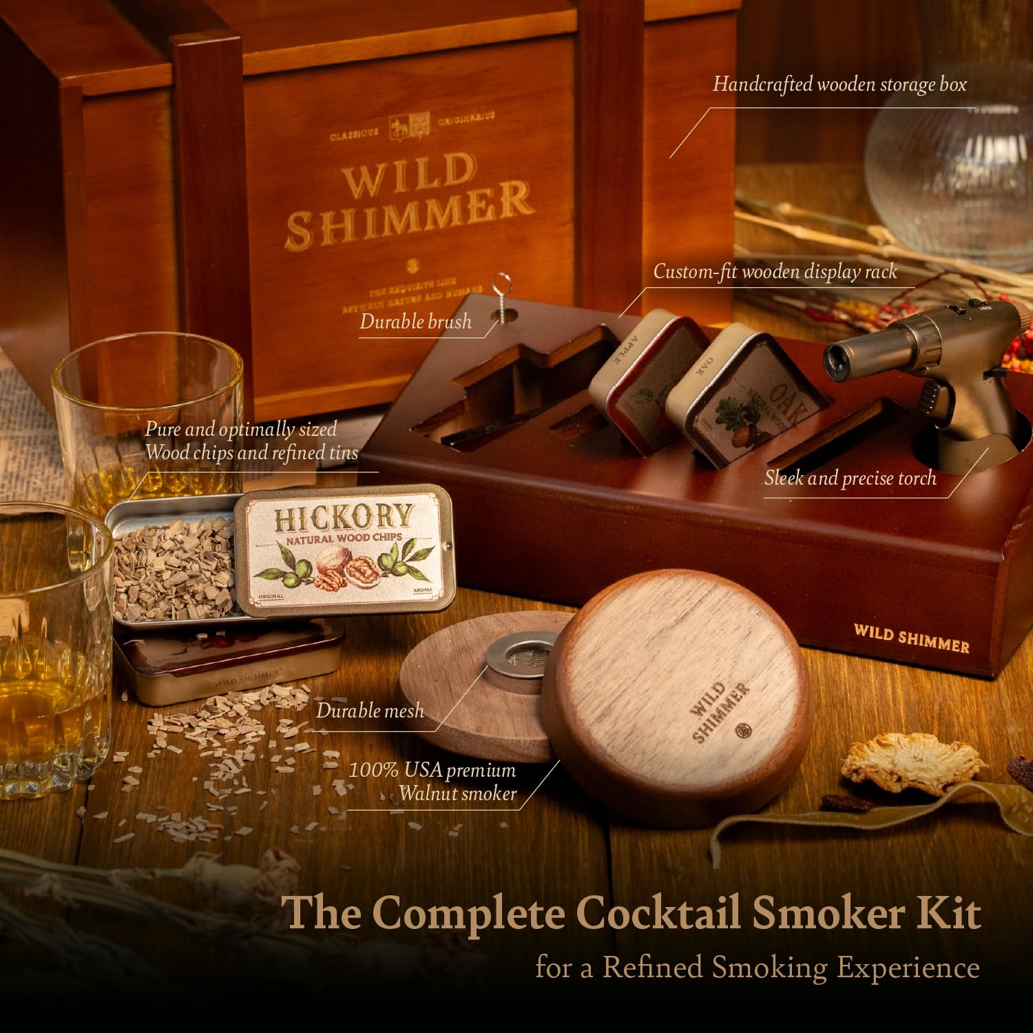 Premium Cocktail Smoker Kit by Wild Shimmer - Whiskey Smoking Set with Torch, Wooden Box & 4 Natural Wood Chip Flavors | Best Bourbon Gift for Men & Home Bartenders | Perfect for Cocktail Parties, Home Bars & Whiskey Tasting Events
