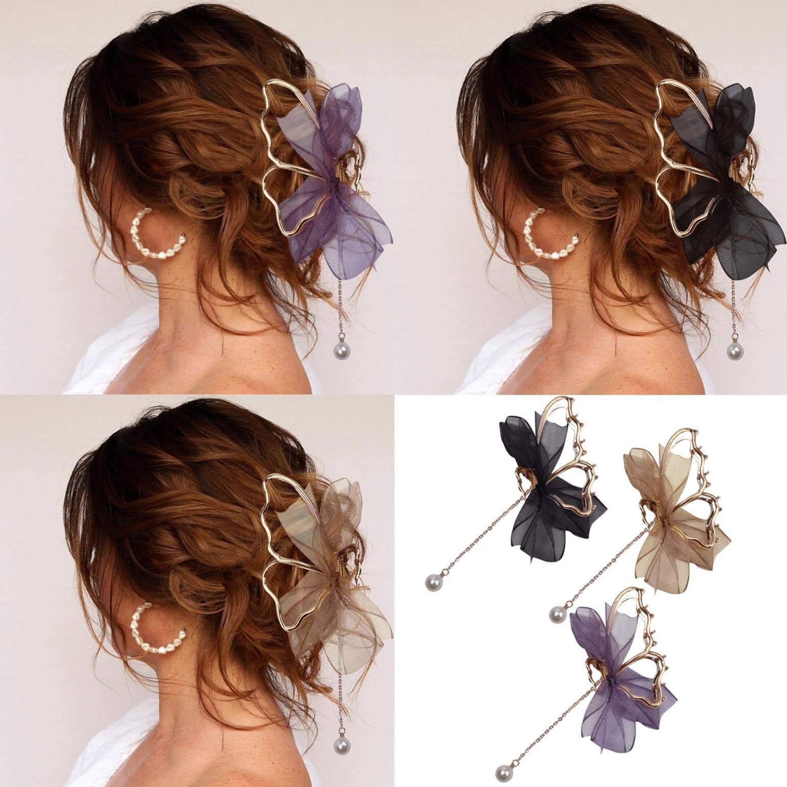 Elegant Butterfly Hair Clips for Women - Large Metal Claw Clips with Lace Pearl Tassel, Strong Hold Hair Accessories for Thick & Thin Hair - Perfect for Weddings, Parties & Daily Styling
