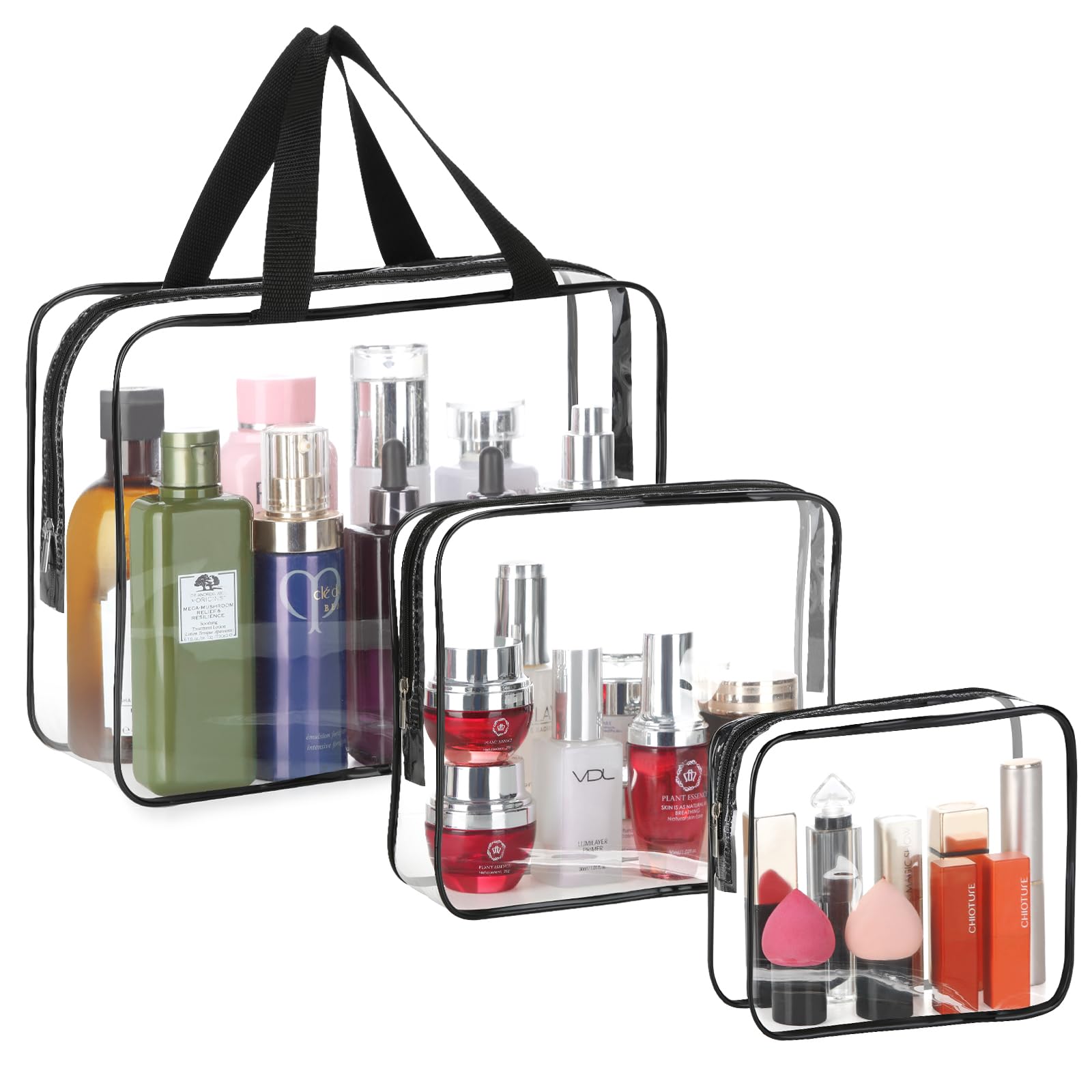HAOGUAGUA 3-Piece Large Clear Travel Toiletry Bags Set - Waterproof Transparent Cosmetic Makeup Organizer - TSA Approved Plastic Storage Pouches for Shampoo, Lotion & Skincare (Black) | Perfect for Air Travel, Gym & Vacation Packing