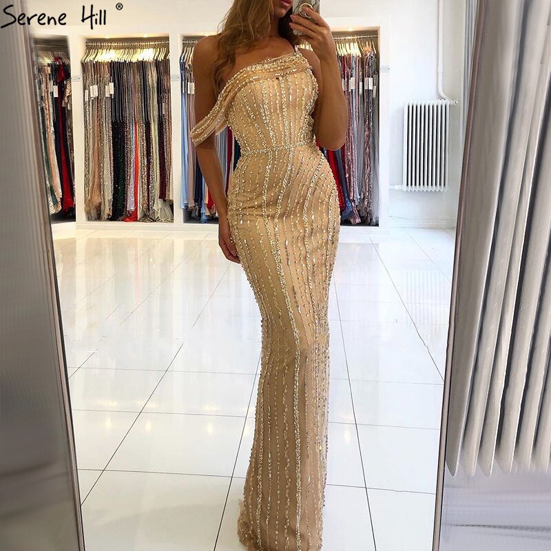 Luxury Gold Mermaid Evening Dress with Beading & Sparkle - One Shoulder Formal Gown for Women | Perfect for Dubai Parties, Prom, Red Carpet & Special Occasions