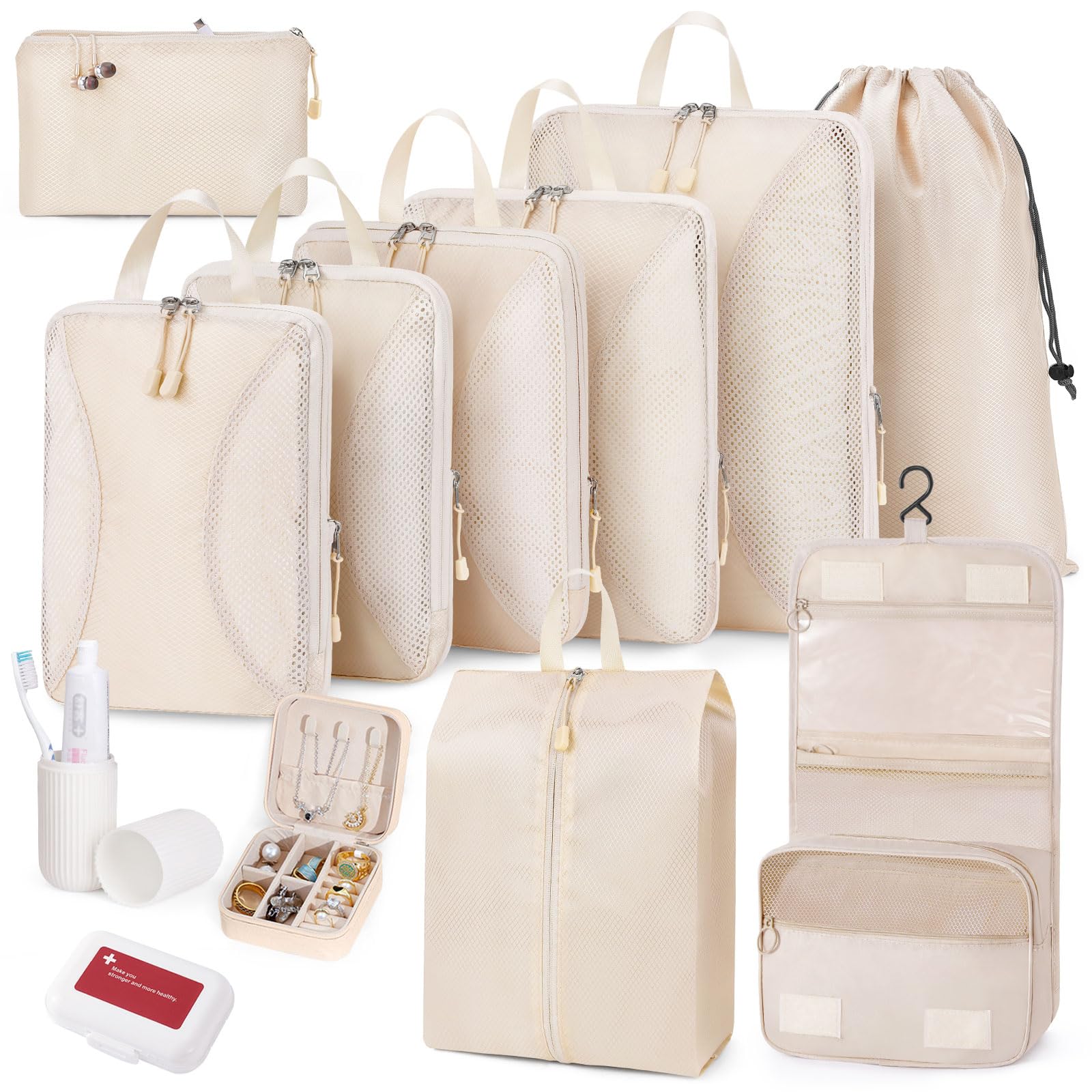 12-Piece Compression Packing Cubes Set - Expandable Luggage Organizers for Travel | Suitcase Storage Bags | Space-Saving Travel Essentials in Beige & Cream | Perfect for Business Trips, Vacations & Backpacking