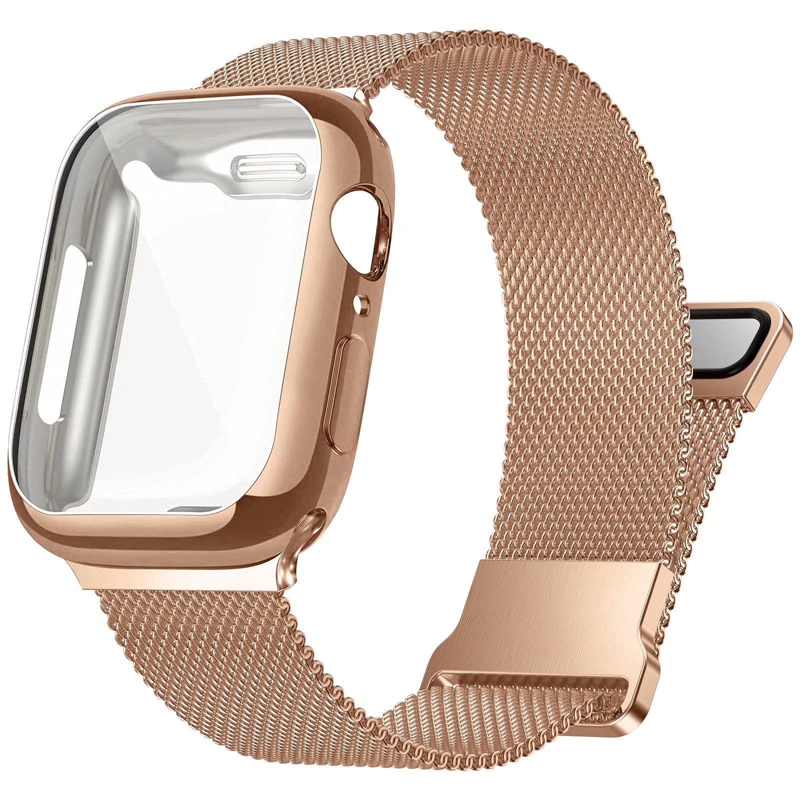 Premium Stainless Steel Metal Band for Apple Watch 38/40/41/42/44/45mm - Magnetic Adjustable Strap Compatible with iWatch Series 9/8/7/6/5/4/SE/3/2/1 - Includes Screen Protector Case - Perfect for Workouts, Office Wear & Everyday Fashion for Men & Women