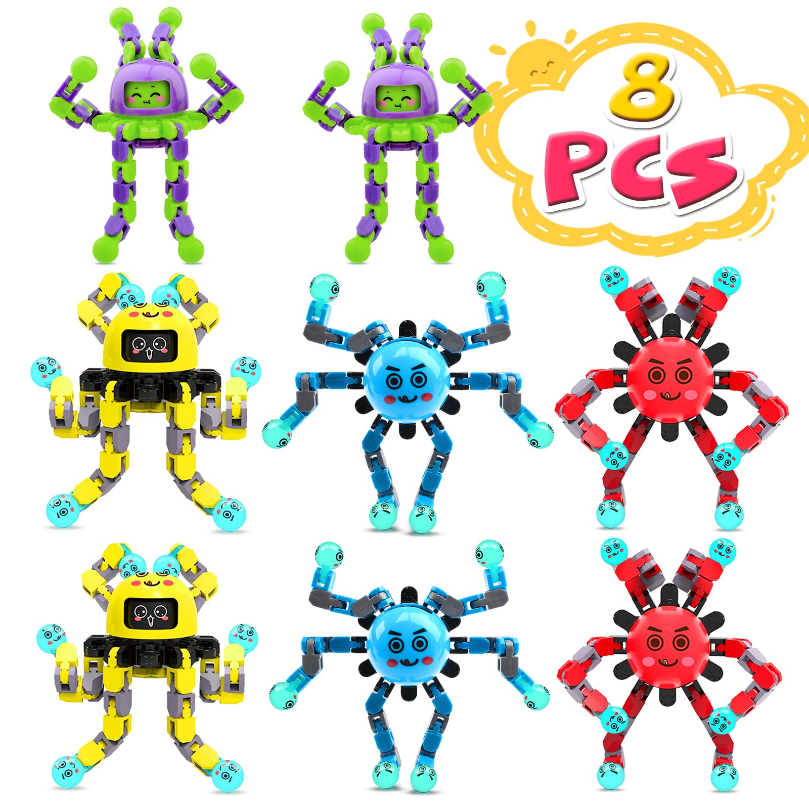 8-Pack Transformable Fidget Spinner Toys for Kids & Adults - Stress Relief Sensory Toys for Autism, ADHD & Anxiety - Perfect Easter Basket Stuffers, Birthday Gifts for Boys & Girls - Travel Games for Car, Office & Classroom Use