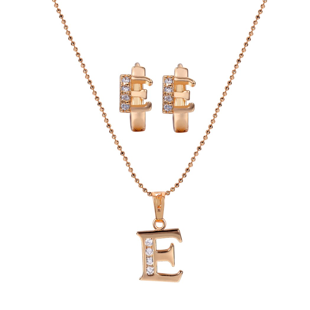 Romantic Time CZ Channel-Set 18k Rose Gold Plated Alphabet Necklace & Earrings Set - Perfect for Valentine's Day Gifts, Anniversary Presents & Special Occasions