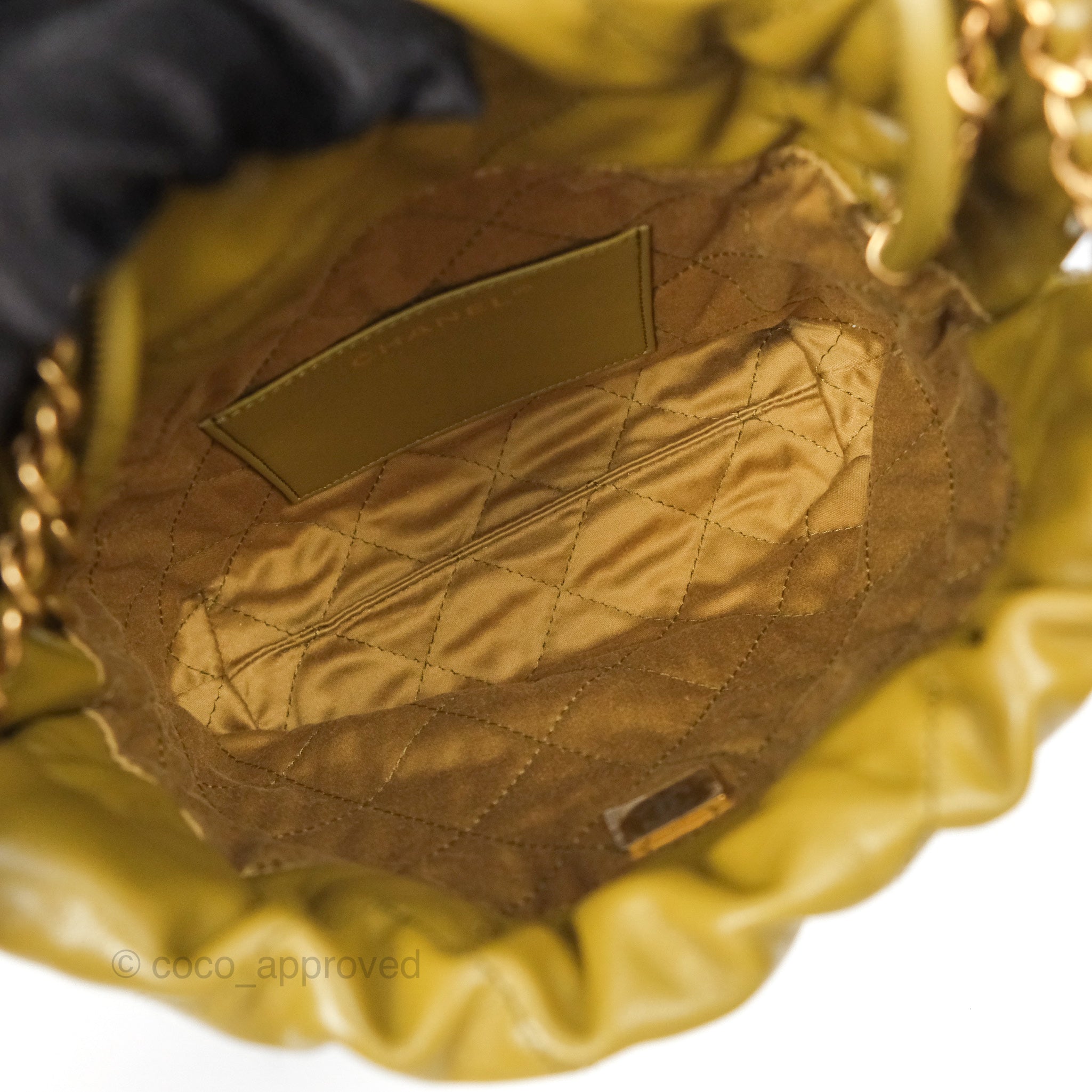 Chanel 22 Mini Bag in Olive Green | Shiny Crumpled Calfskin Leather with Aged Gold Hardware | Luxury Crossbody Purse for Women | Perfect for Date Night & Evening Events