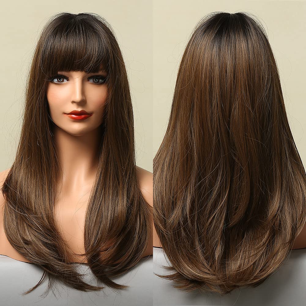 HAIRCUBE Brown Long Straight Layered Synthetic Wig with Bangs for Women - Heat Resistant Fiber, Natural Looking Everyday Wig for Cosplay, Parties & Daily Wear