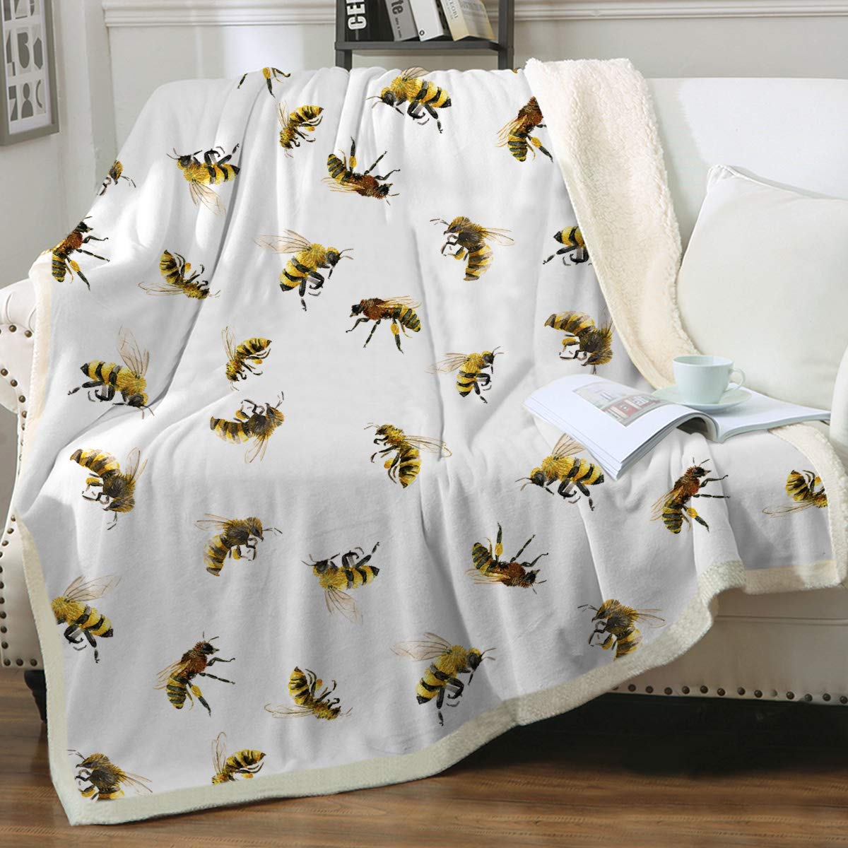 Sleepwish Watercolor Bee Sherpa Fleece Blanket - Soft Plush Cozy Warm Throw for Kids & Girls (50