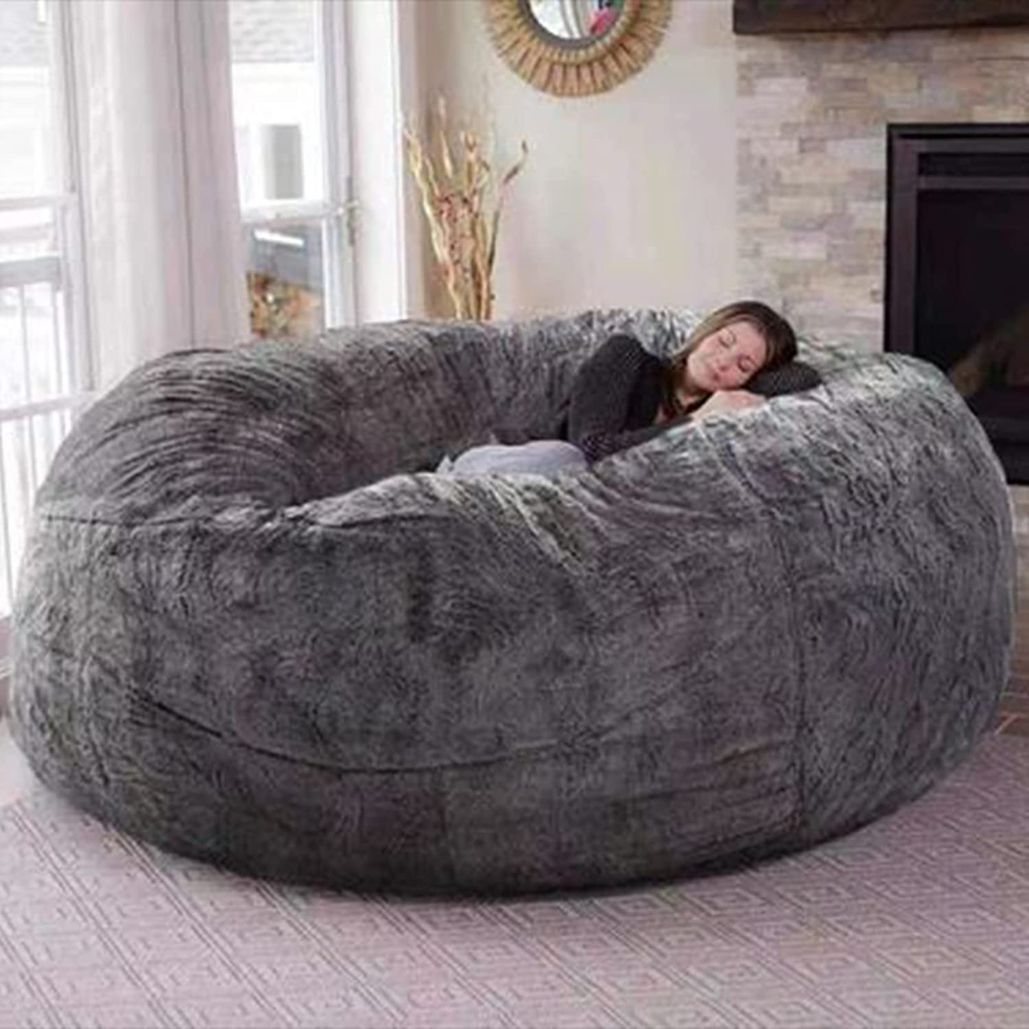 7FT Giant Bean Bag Cover - Soft Fluffy Fur Storage Chair for Living Room, Sofa Bed & Portable Lounging | No Filler Included (Black) | Perfect for Home Theater, Game Room & Dorm Relaxation