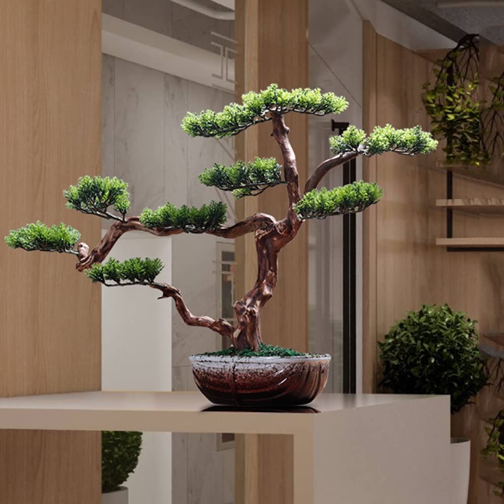 YANLI2233 Realistic Artificial Pine Bonsai Tree - No Watering Fake Plant with Natural Root Art & Ceramic Pot for Home Office Decor | Perfect for Living Room, Study Desk, Reception Area & Zen Spaces