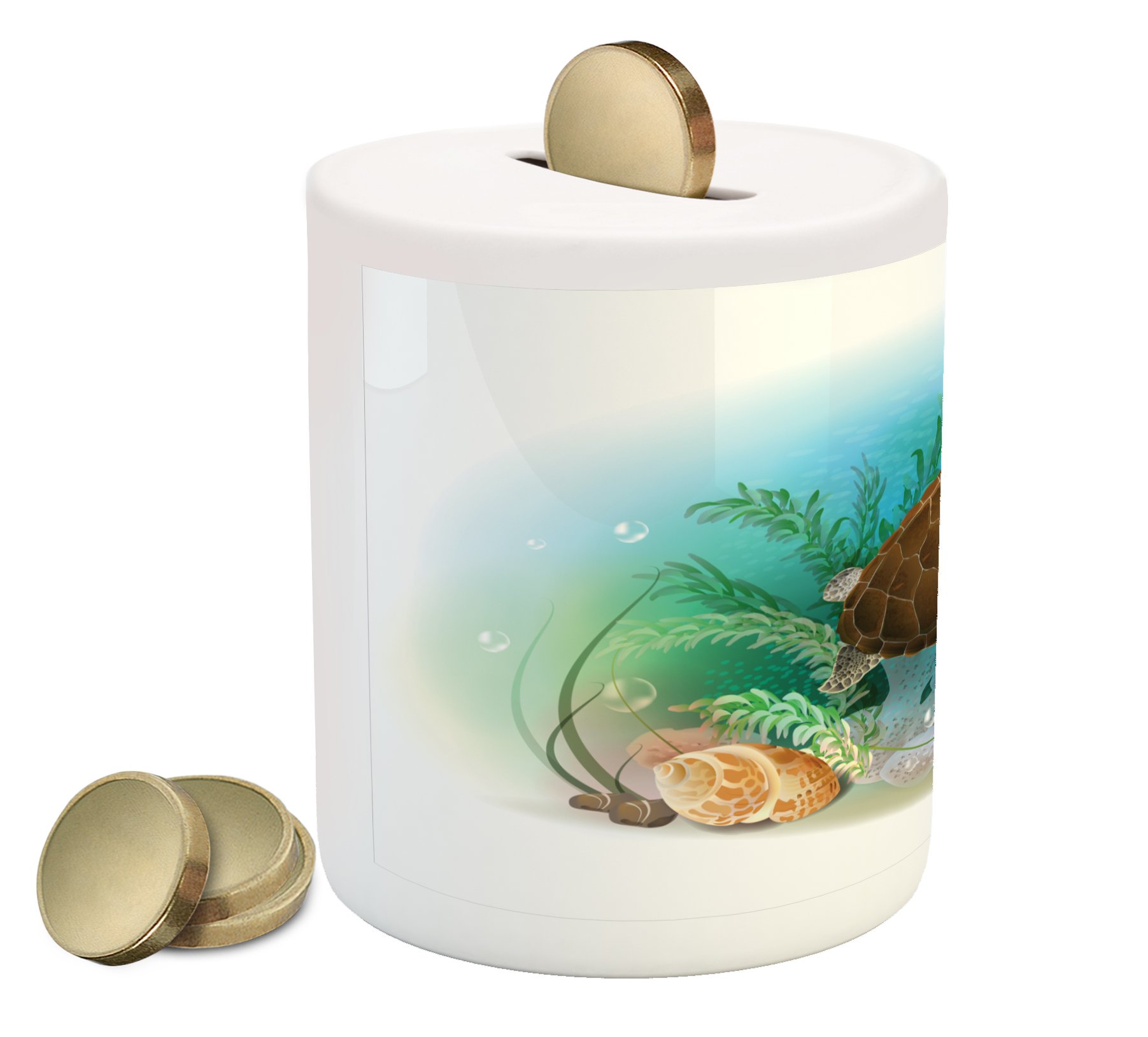 Ambesonne Ocean-Themed Ceramic Piggy Bank - Sea Turtle Swimming in Tropical Underwater World, Money Box for Cash Savings (Green/Brown) | Perfect Gift for Kids, Beach House Decor & Ocean Lovers