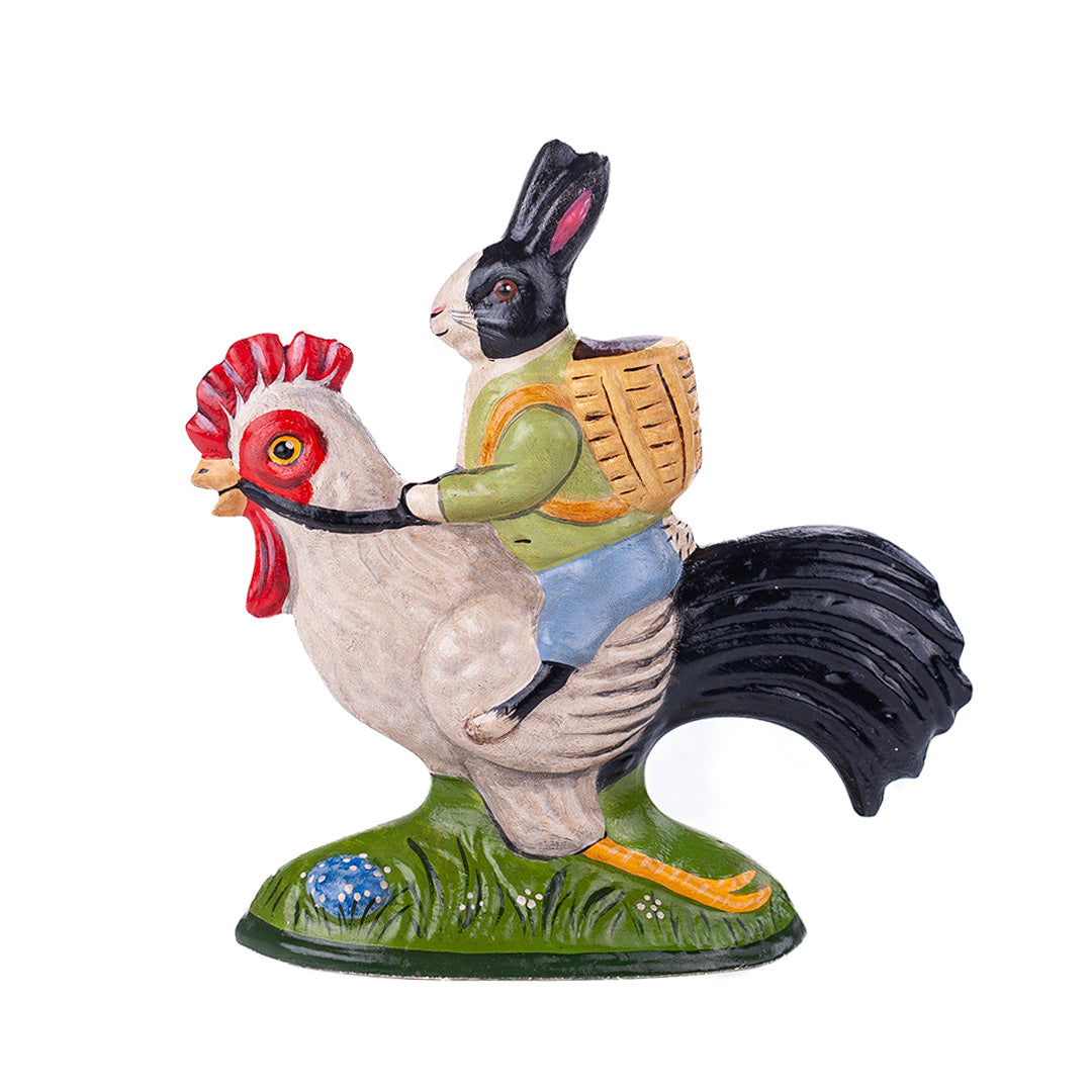 Vintage Bunny on Rooster Chalkware Figurine - Hand-Painted Farmhouse Decor for Easter, Spring Home Decor, and Country Style Collectibles