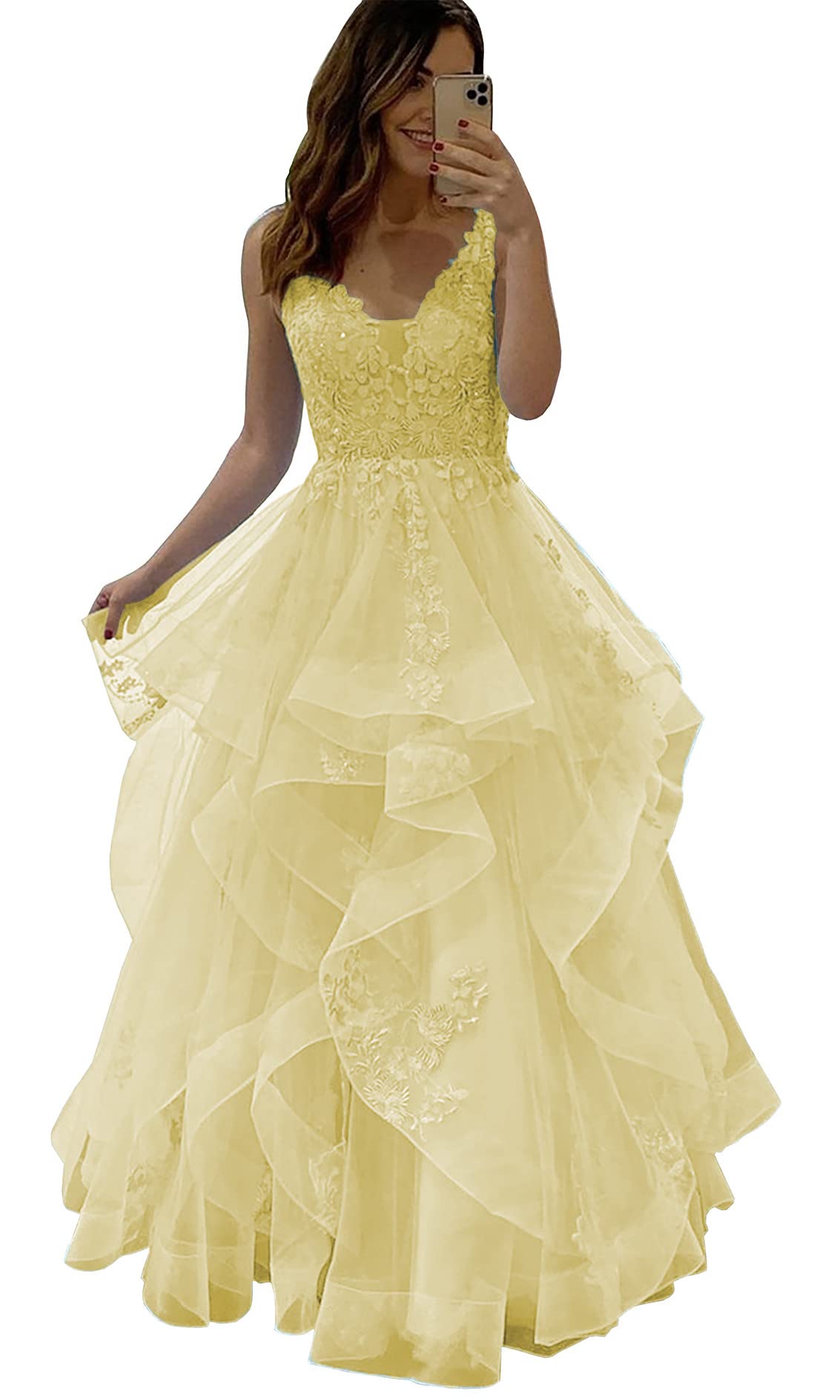 FitzAlice Elegant Long Fluffy Layered Ball Gown for Women - Princess Prom Dress with V-Neck, Tulle & Lace Applique | Perfect for Formal Evening Events, Weddings & Quinceañeras