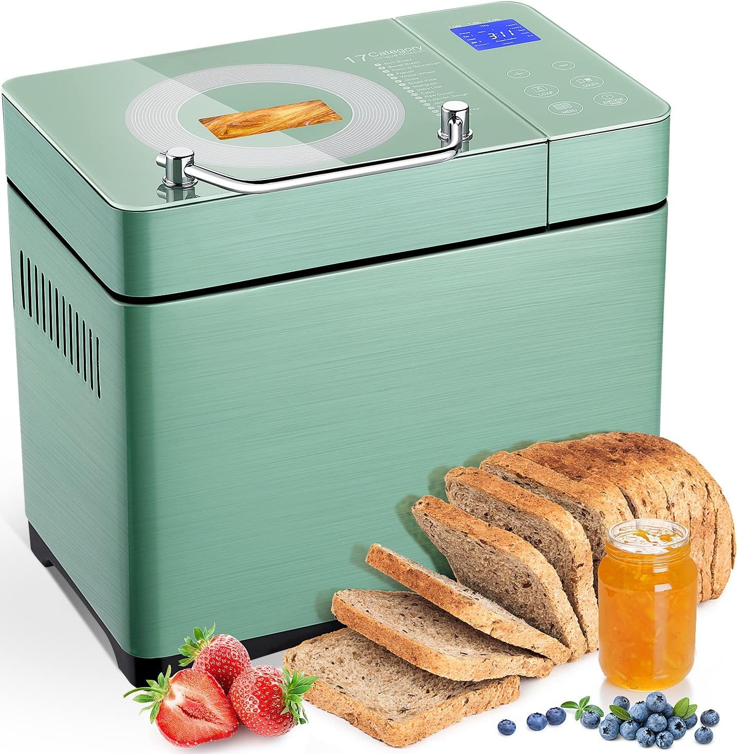 2.2LB Large Bread Maker Machine with Dual Heaters - 17-in-1 Automatic Bread Maker with Die-Cast Ceramic Pan & Auto Fruit Dispenser - Stainless Steel Breadmaker with 15H Timer & Keep Warm - Perfect for Sourdough, Gluten-Free Baking - Ideal for Home Kitchens & Small Bakeries