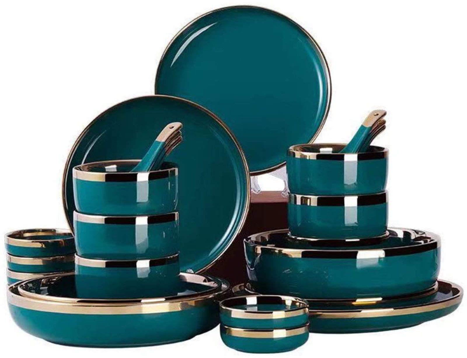 Nordic Style Glaze Stoneware Dinnerware Set - 16-Piece Light Luxury Modern Dish Set for 6, Includes Dinner Plates & Bowls - Eco-Friendly Green Tableware for Daily Use & Entertaining
