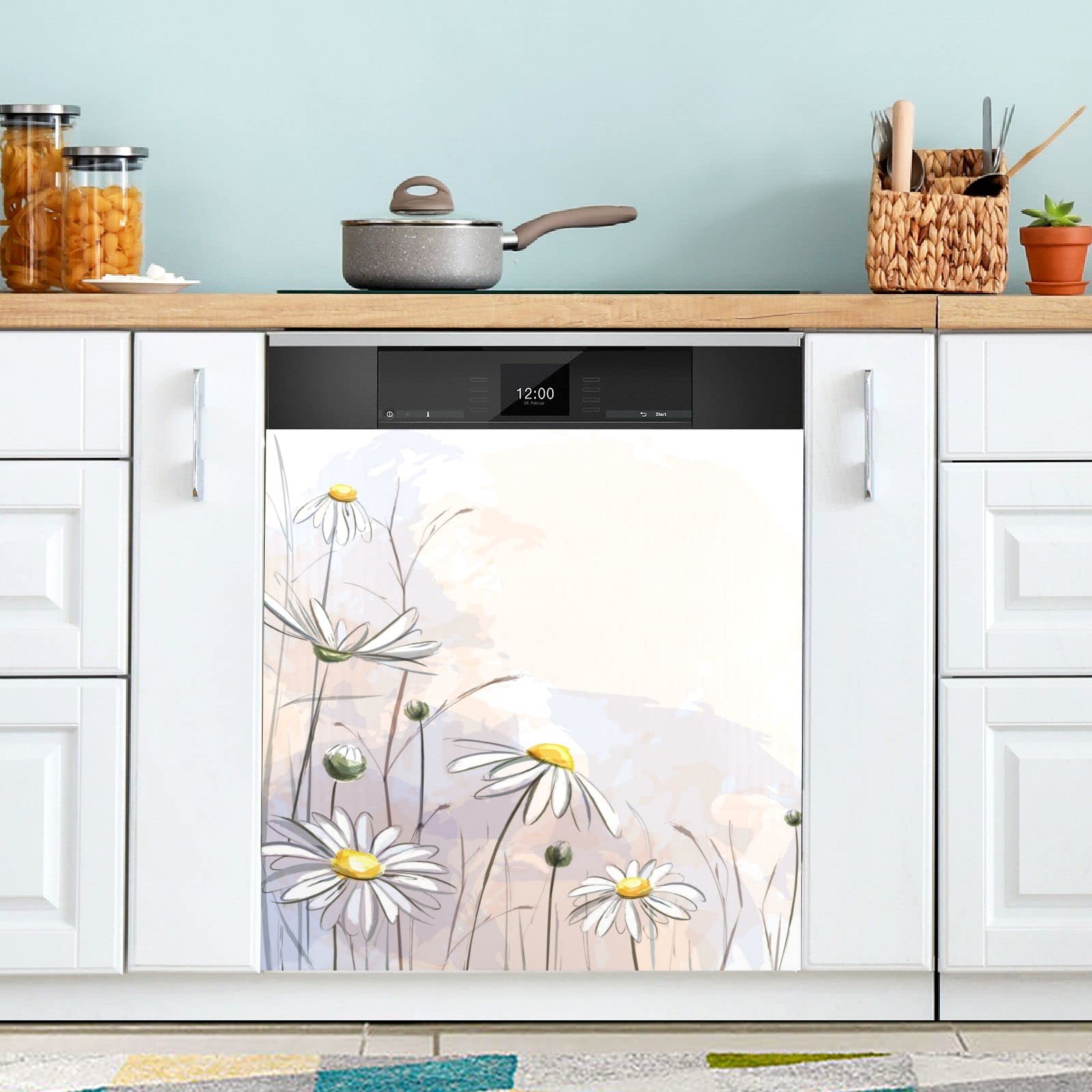 Romantic Daisy Flower Dishwasher Magnet Sticker - Decorative Appliances Cover Art for Refrigerator & Dishwasher Panel - Perfect for Kitchen, Home Decor & Gift Giving