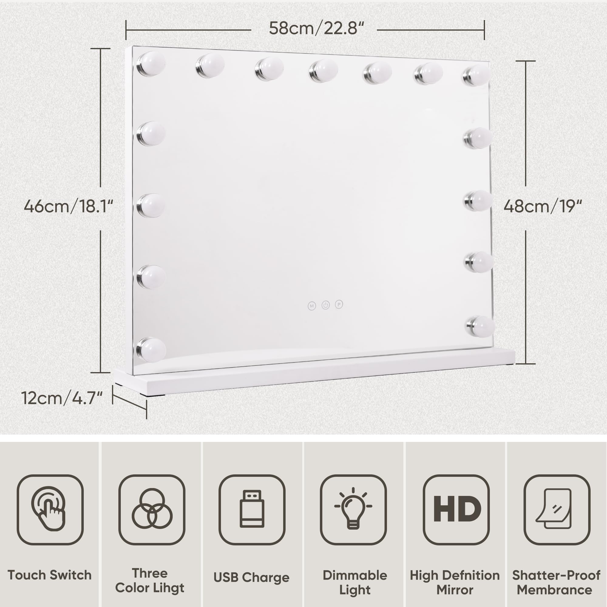 Suidia 15 LED Lighted Vanity Mirror with Dimmable Touch Control, 3 Color Lighting & USB Power - 22.8 x 18.1 Inch White Makeup Mirror for Bedroom, Bathroom & Dressing Room