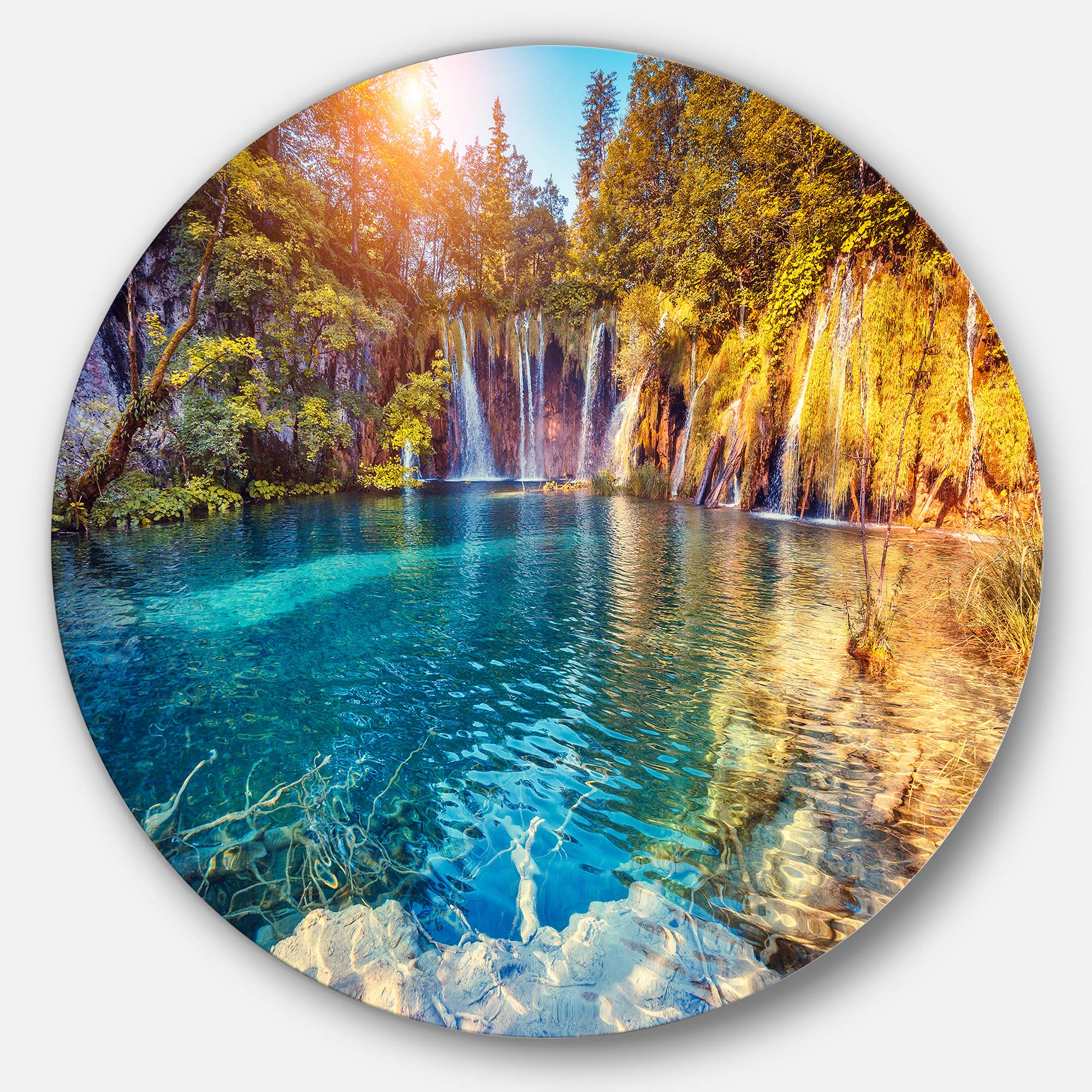 DesignArt Round Metal Wall Art - Turquoise Water & Sunny Beams Landscape Photography - Modern Home Decor for Living Room, Bedroom, Office