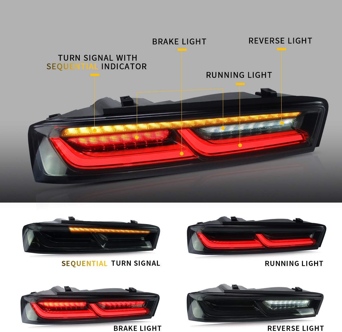 2016-2018 Camaro Coupe 6th Gen Full LED Tail Lights with Sequential Turn Signals & DRLs - Smoked Lens Rear Lamp Assembly | Upgrade for Night Driving & Enhanced Visibility