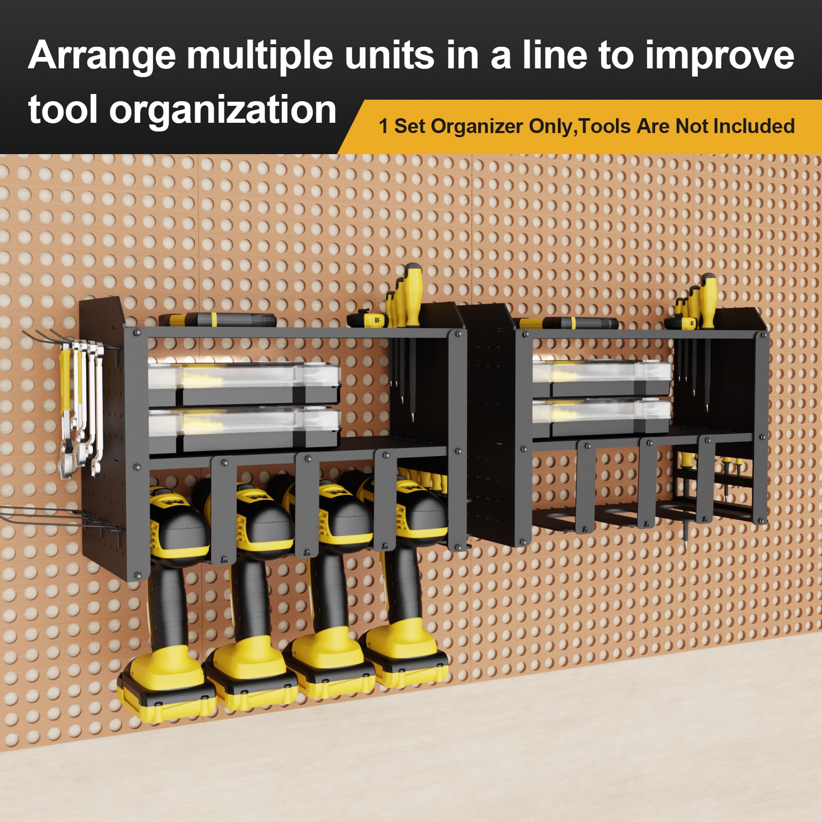 3-Tier Wall Mount Metal Power Tool Organizer with 6 Hooks - Heavy Duty Drill & Screwdriver Storage Rack for Garage, Workshop & DIY Projects (Black)