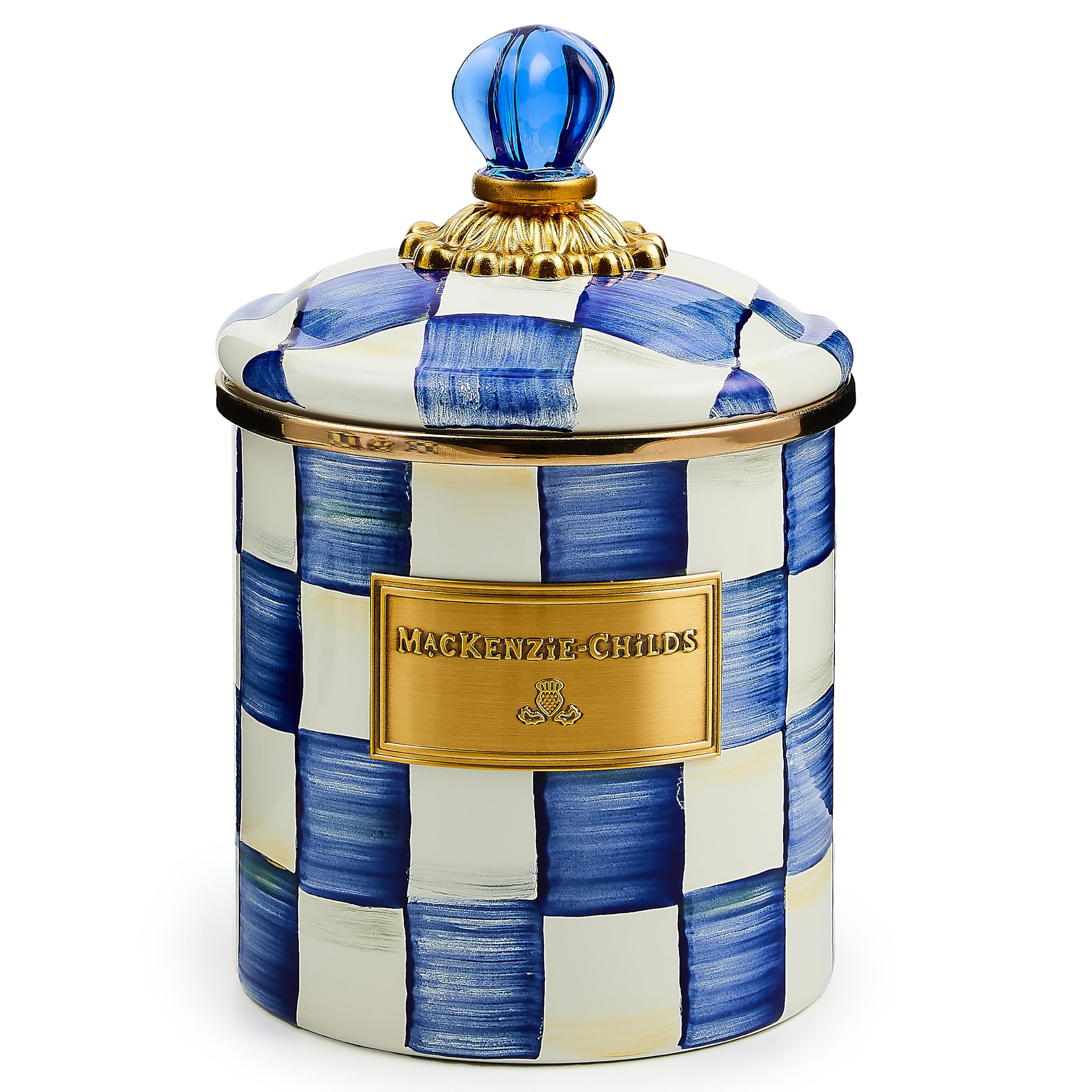 Mackenzie-Childs Small Enamel Canister - 1.13L Kitchen Storage Container for Flour, Sugar, Coffee & Dry Goods - Blue & White Royal Check Design - Perfect for Pantry Organization & Country Style Kitchen Decor